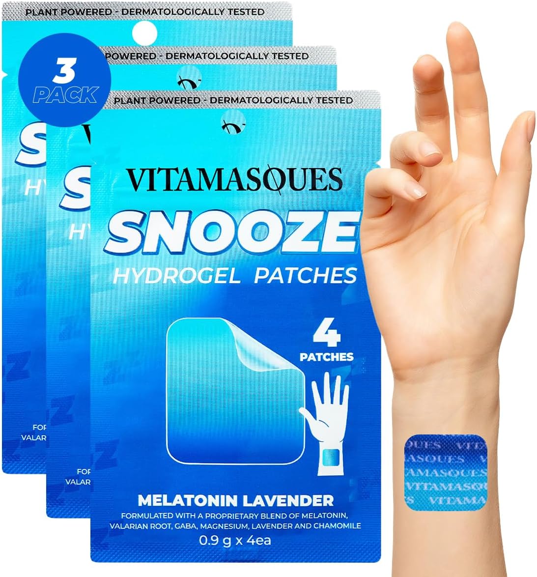 Vitamasques Sleep Patches for Adults, SnoozeMe Wellness Hydrogel Patch (3-Pack) – Sleeping Patch with Lavender, Melatonin, & Valerian Root – Cruelty-Free, Gluten-Free, & Filler-Free Sleep Patch