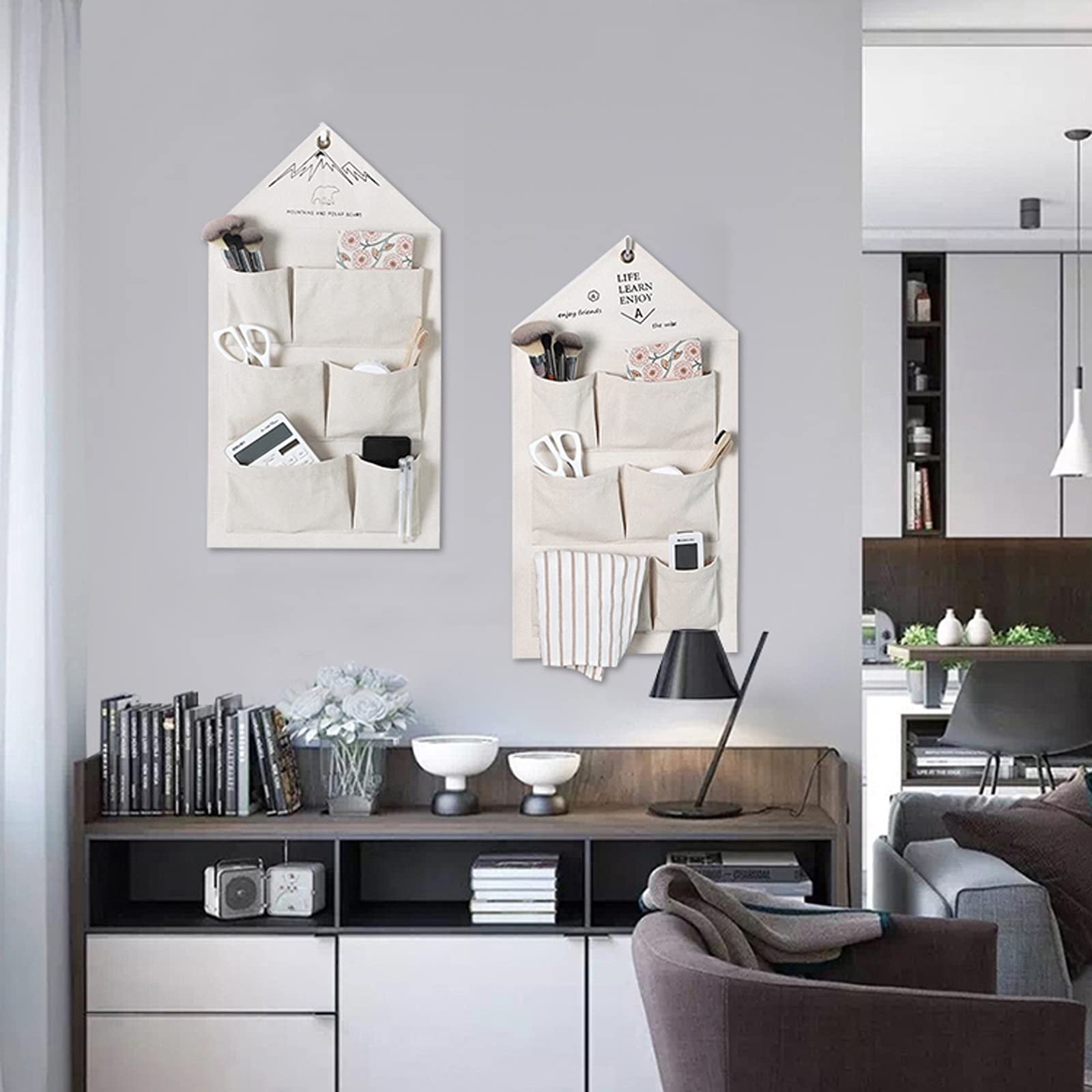 Borsa da stoccaggio appeso a parete in tela Organizzatore a parete beige con 6 tasche lavabile sacchetto appeso sacchetto di stoccaggio sacchetto di blocco per la cucina soggiorno camera da letto