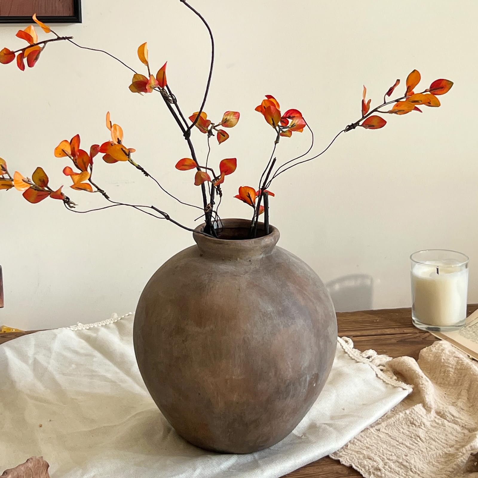 Rustic Ceramic Vase, 7.87 Inch Brown Farmhouse Flower Vases for Home Decor, Handmade Pottery Vase for Centerpieces & Table Decorations, Living Room & Entryway Decor