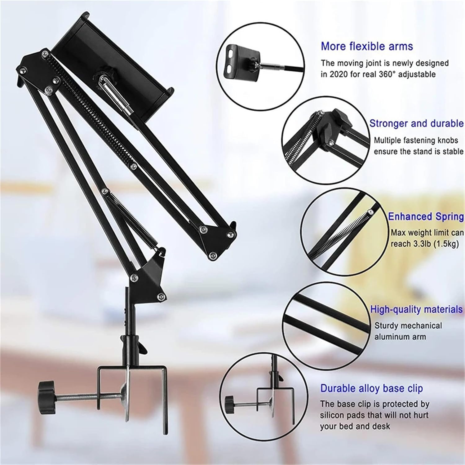 360° Rotating Tablet & Phone Holder for Bed - 90cm Metal Arm Mount Stand for 4.5~12.9 Inch Devices(Standard Black)