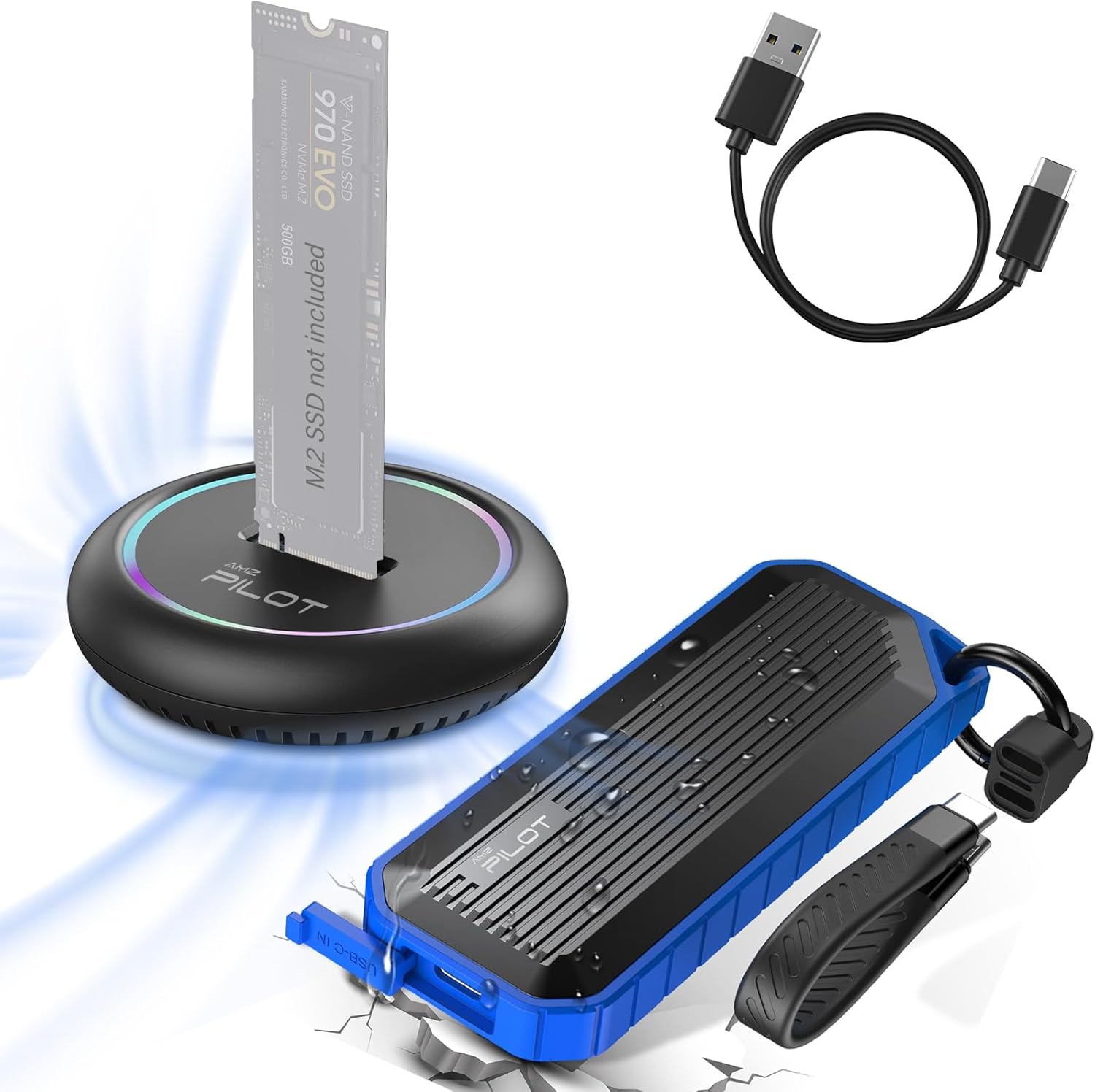 M.2 NVMe & SATA to USB C Docking Station & Enclosure, M.2 SSD to USB A C Reader Adapter for Both M Key & B+M Key NVMe PCIE and SATA NGFF SSD Dock, Size for 22110 2280 2260 2242 2230 RGB Light