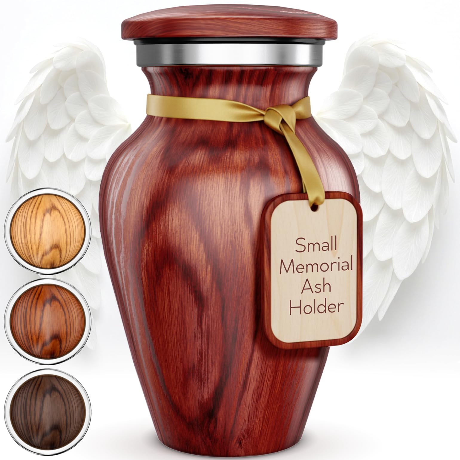Small Keepsake Urn for Human Ashes – Cherry Wood Appearance Memorial – Handcrafted Mini Urn for Sharing – Recycled Cast Aluminum – Secure Lid - Velvet Bag & Funnel – Decorative Container