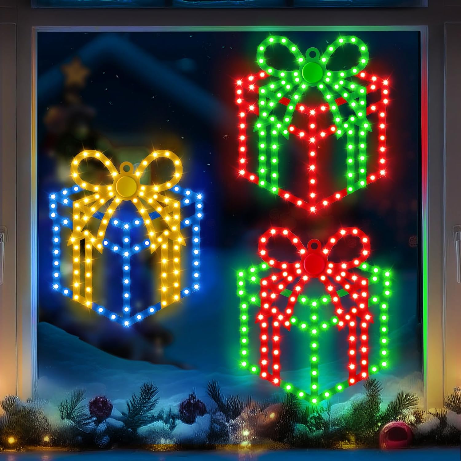 3 Pack 10'' Christmas Window Lights, 354 LEDs Hi Vibrant Twinkling Lighted Gift Boxes, Waterproof Plug in Christmas Window Silhouette Light Present Decoration for Door Wall, Xmas Decor 3 Gift Boxes