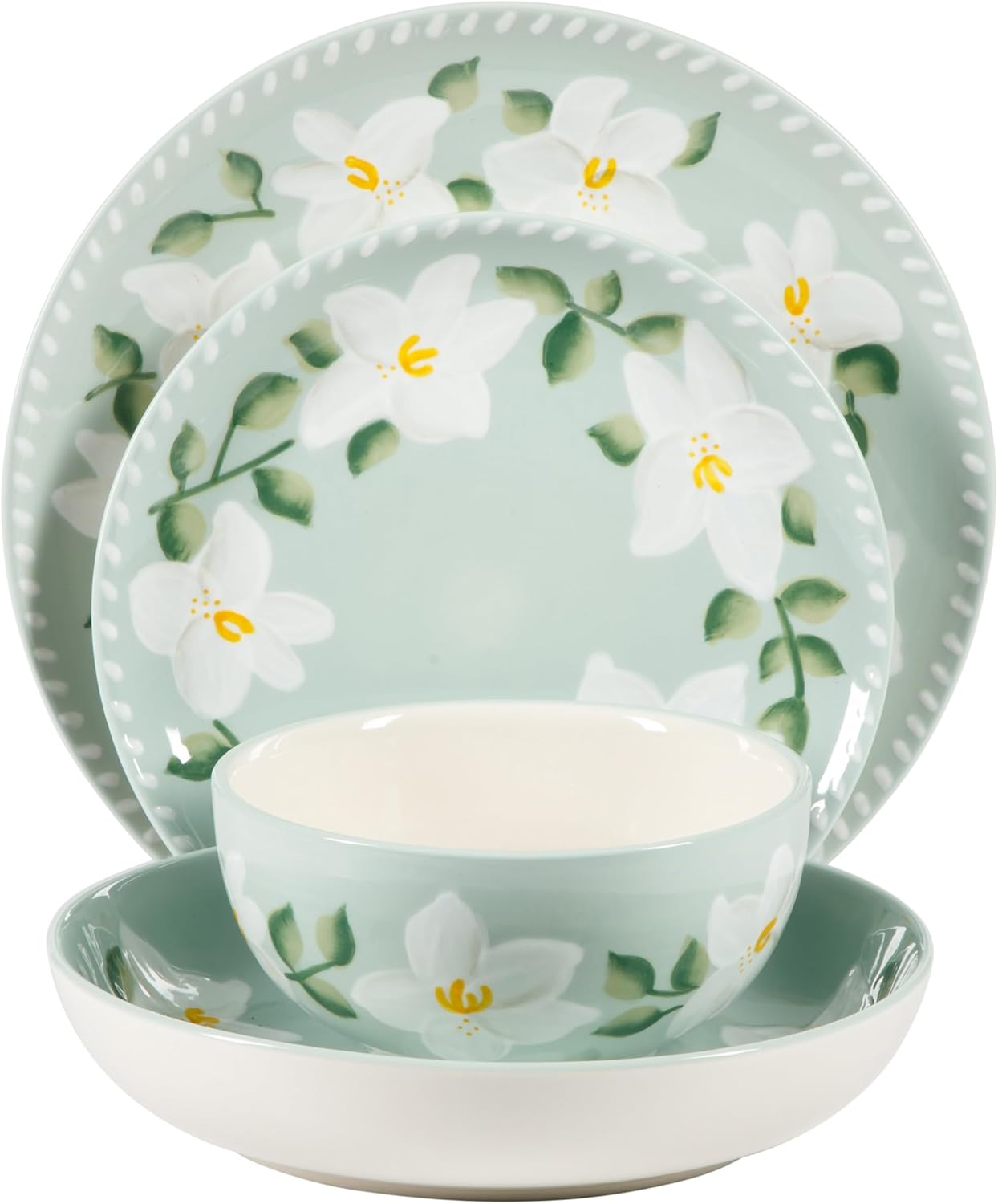 Bloomhouse Magnolia Bloom 16 Piece Double Bowl Hand Painted Stoneware Plates and Bowls Floral Dinnerware Set
