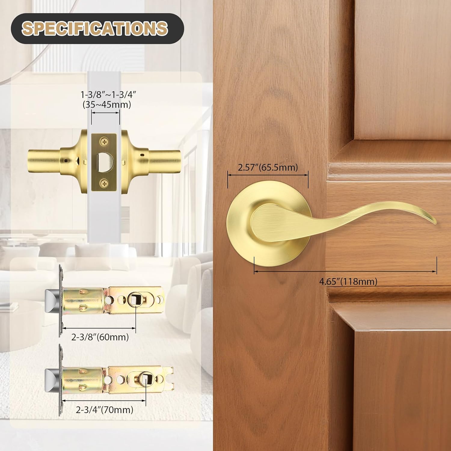 GOBEKOR Gold Door Handles Interior Wave Passage Door Lever Brushed Gold Interior Door Handles for Hall Closet Reversilble for Left/Right-Handed Doors, Satin Brass(3 Pack)