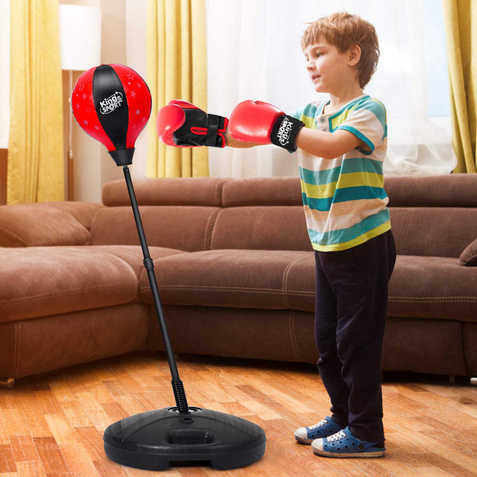 GOPLUS Saco de Boxeo con Altura Ajustable 81-123,5 cm, Juego de Boxeo con Guantes de Boxeo, Bomba y Base Rellenable, Set de Boxeo para Niños 3 Años+, Adolescentes (Rojo)