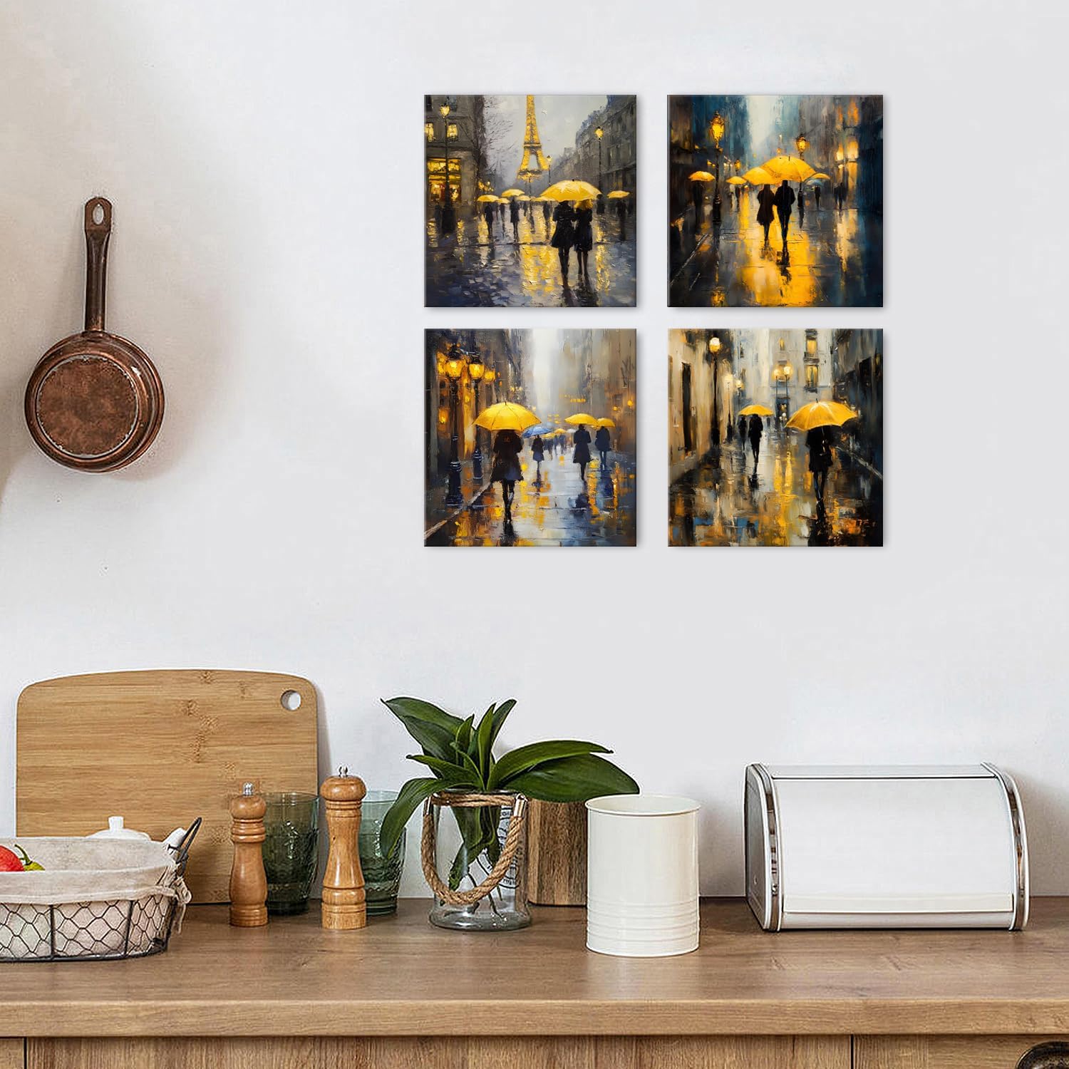 Abstract Paris Wall Art City Pictures Rainy Street Landscape Paintings Canvas Prints Yellow and Grey Wall Decor Eiffel Tower Cityscape Posters Artwork for Bedroom Living Room Home Decoration 12x12" 4P