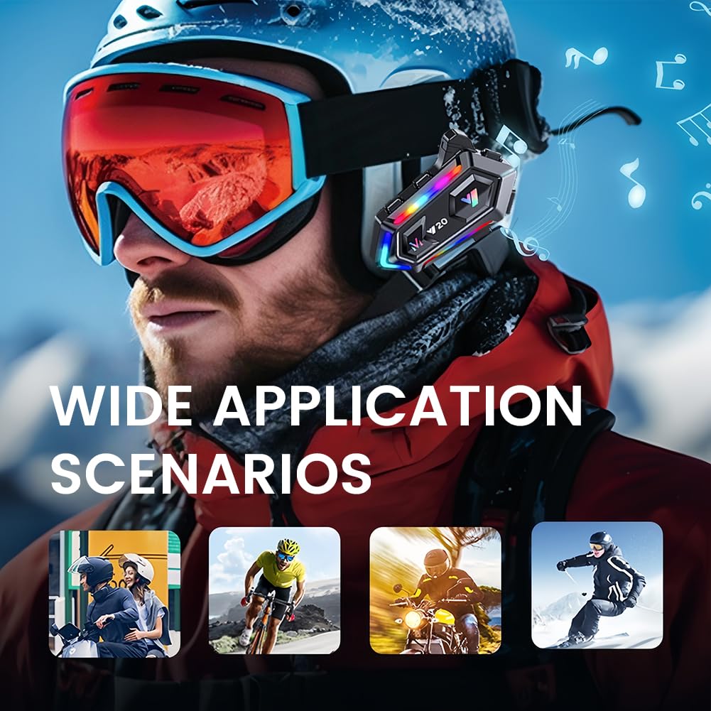 flintronic Casco Moto Auricolare, Y20 Cuffie per Caschi da Moto per Persona Singola Wireless 5.3 Impermeabile IPX6 Cancellazione, luci RGB abbaglianti, Per Pilota Singolo