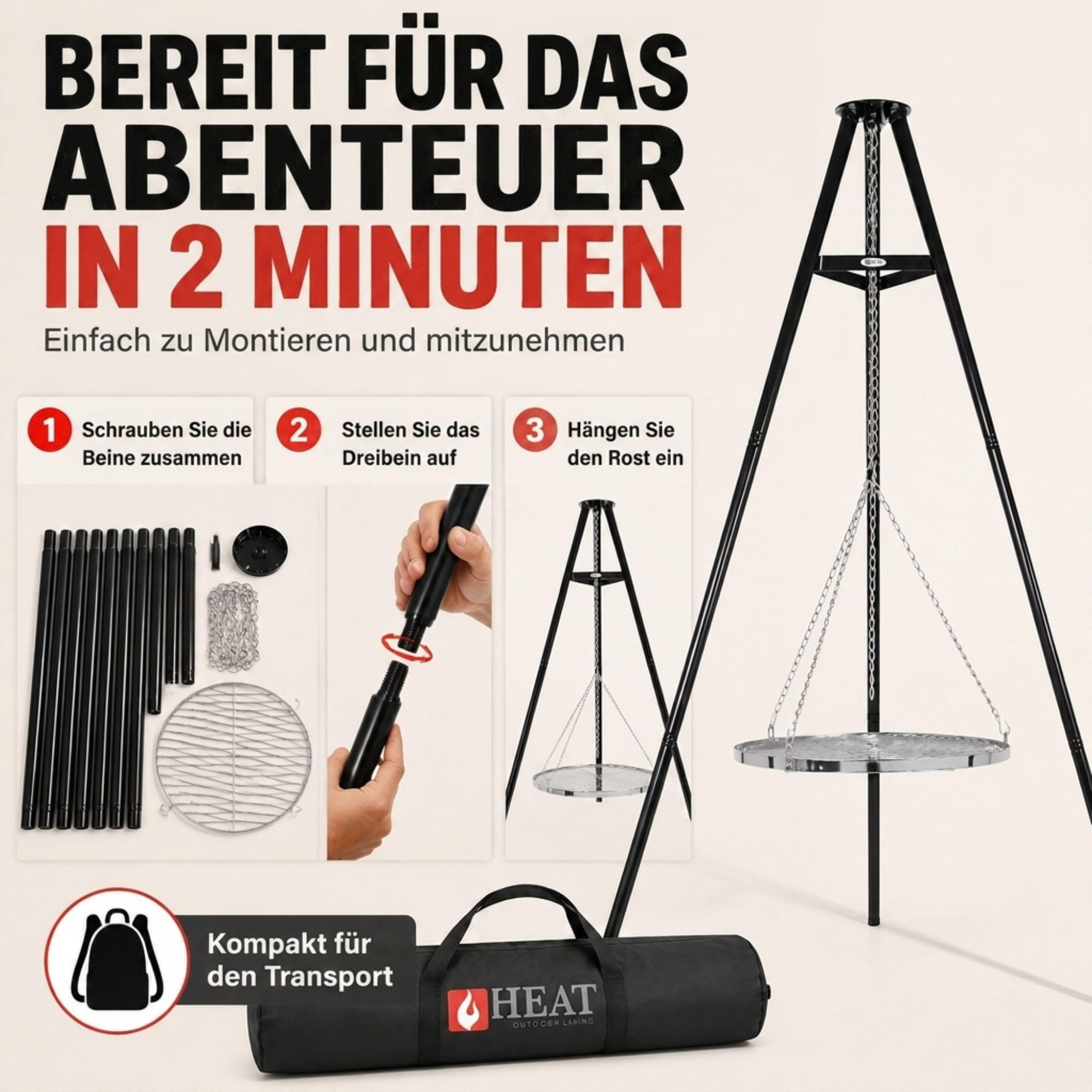Dreibein-Grill mit Grillrost Ø 65 cm – Schwenkgrill aus Stahl – Höhenverstellbar mit Kettenzug – Stabiles Stativ für Feuerschalen, Lagerfeuer und Camping