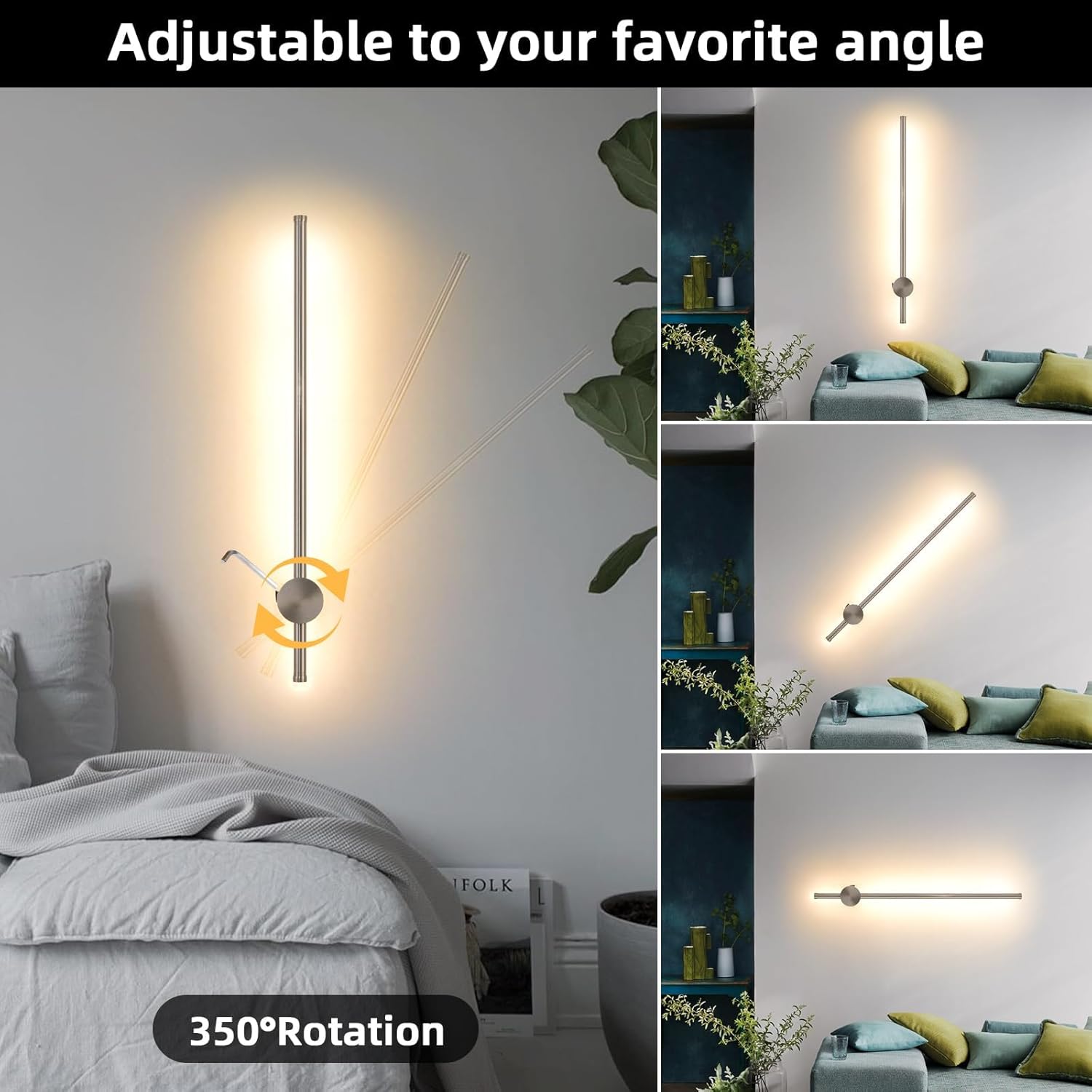 Battery Operated Wall Sconces with Remote, Dimmable 3000K-6000K/Timer/Memory LED Wall Lamp, 350°Rotate, USB Rechargeable Wireless wall lights for Living Room, Bedroom Brushed Nickel 23.6 inch(2 Pack)