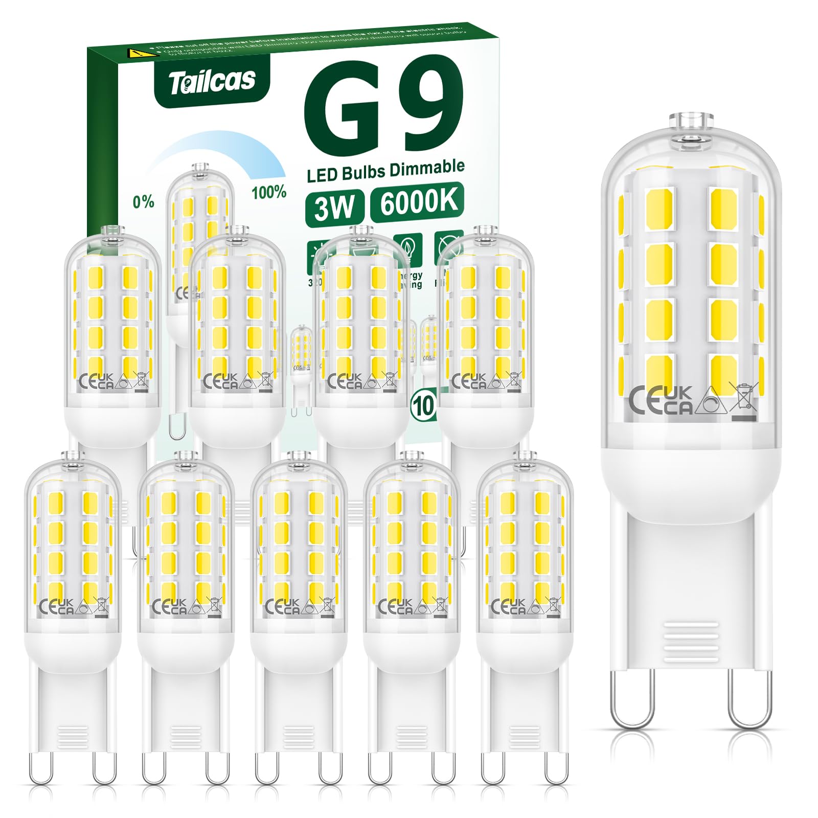 Tailcas G9 LED Dimmbar Kaltweiß, 3W 6000K G9 LED Lampe Ersetzt 30W Halogen Lampe, 320LM Kein Flackern Leuchtmittel G9 LED, 360° Abstrahlwinkel Birne Enegiesparende, AC 220-240V 10er Pack