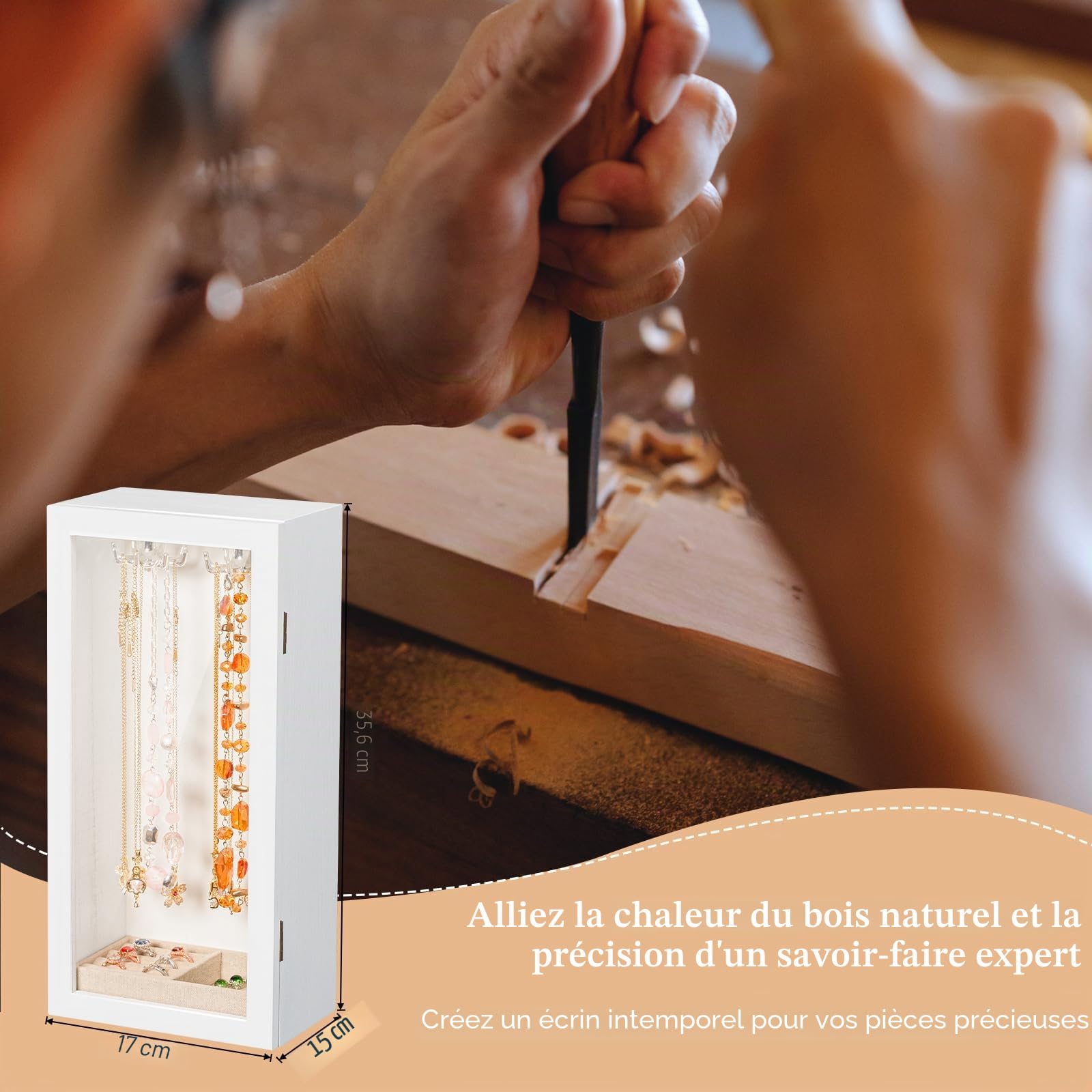 Porte colliers, présentoir bijoux en bois pour femmes, boîte de rangement rotative avec plateau à bagues, présentoir et rangement pour colliers, bracelets, bagues（Blanc）