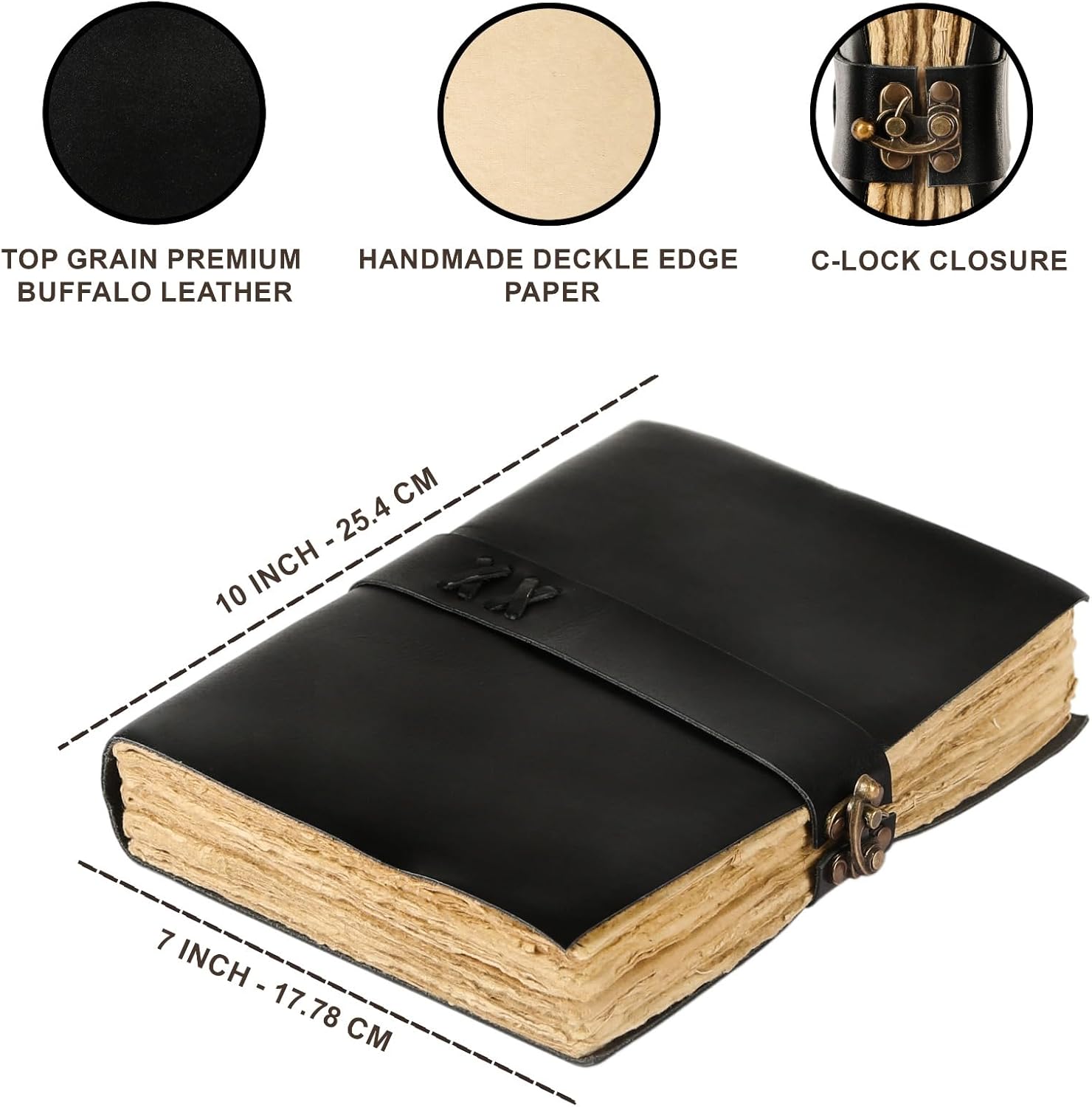 Vintage Leather Journal Handmade Buffalo Deckle Edge Paper – Leather Bound Journal for Women Men Vintage C-Lock Closure Ideal for Writing & Travel for Artists