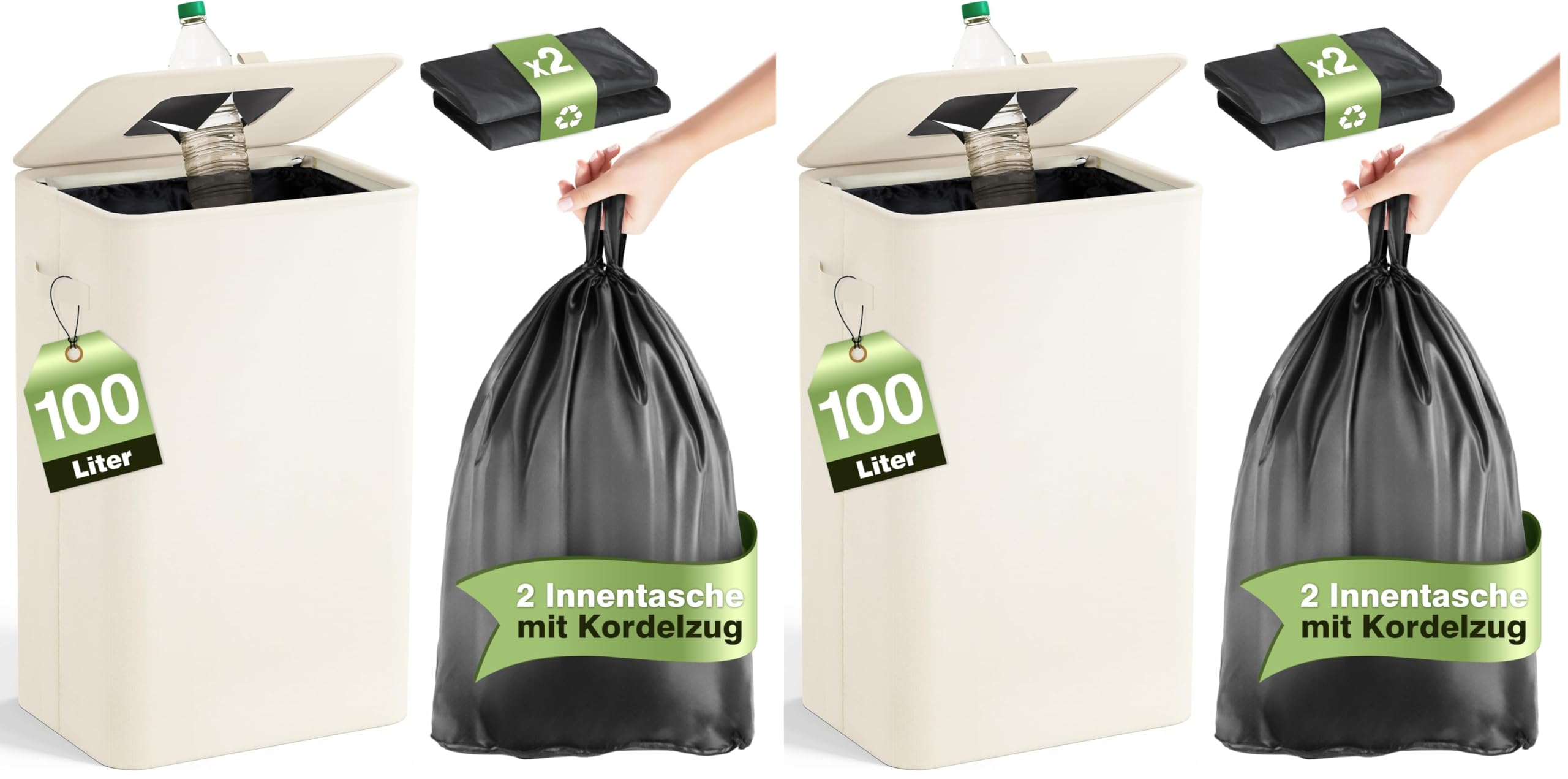 Pfandflaschen Sammelbehälter mit Deckel 100L, Groß Pfandflaschen Behälter mit 2 Tragetasche, Flaschensammler Leergut für Plastik- und Glasflaschen, Pfandbehälter mit Einwurf, Beige (Packung mit 2)