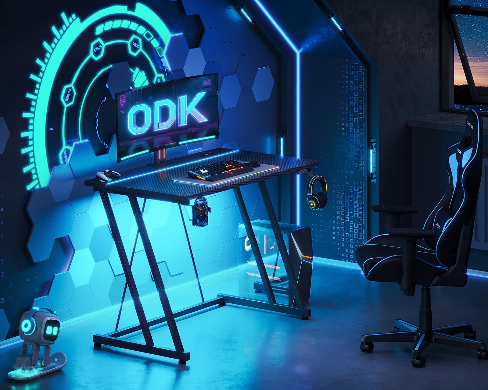ODK Bureau Gaming LED, 80 x 50 cm Bureau Gamer, Table Gaming avec Porte-Gobelet et Crochet pour Casque D'écoute, Fibre de Carbone Noir
