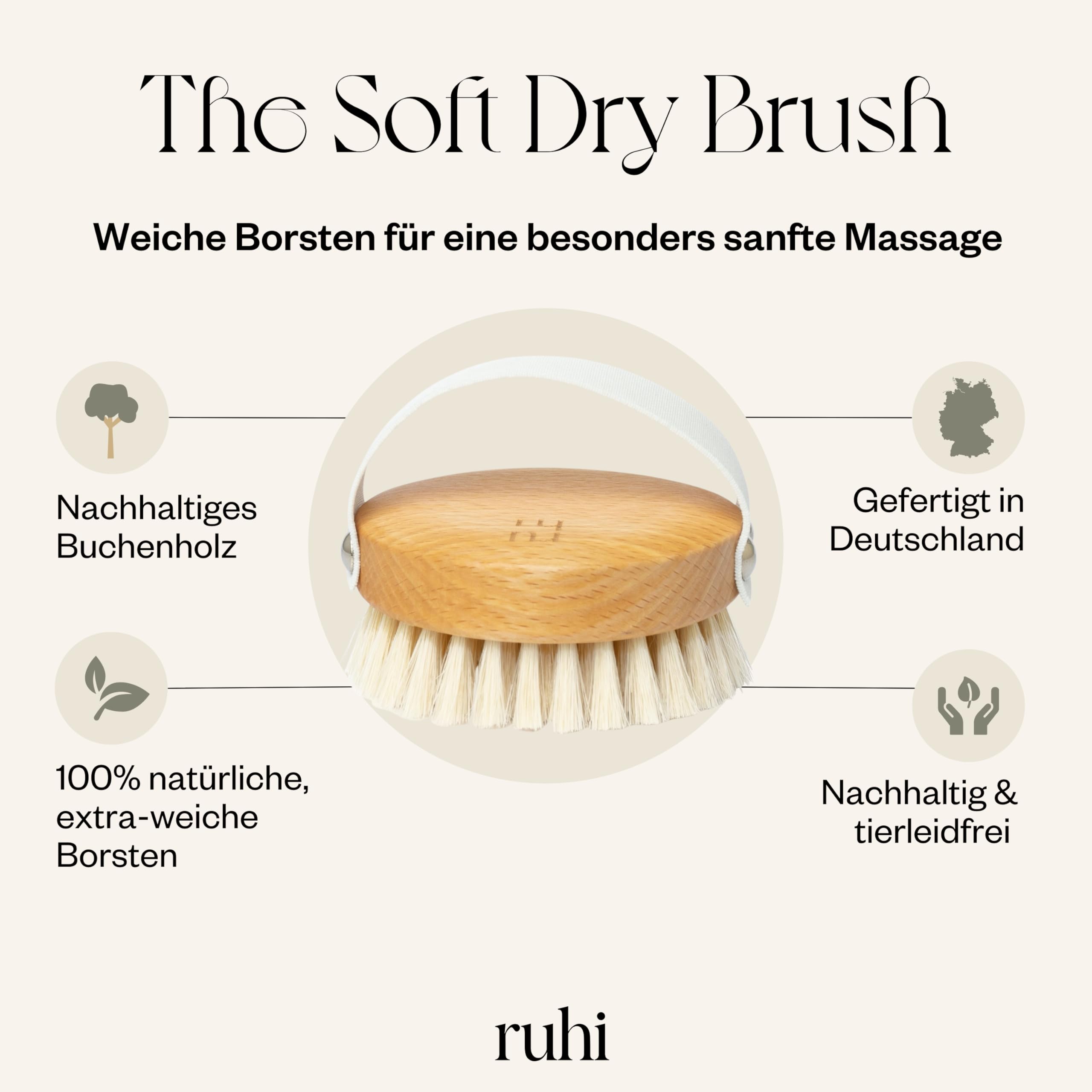 ruhi® Körperbürste, Trockenbürste, Massagebürste weich aus Naturborsten/gefertigt in Deutschland, regionales Buchenholz zur Trockenbürsten Massage (dry brush), Lymphdrainage gegen Cellulite