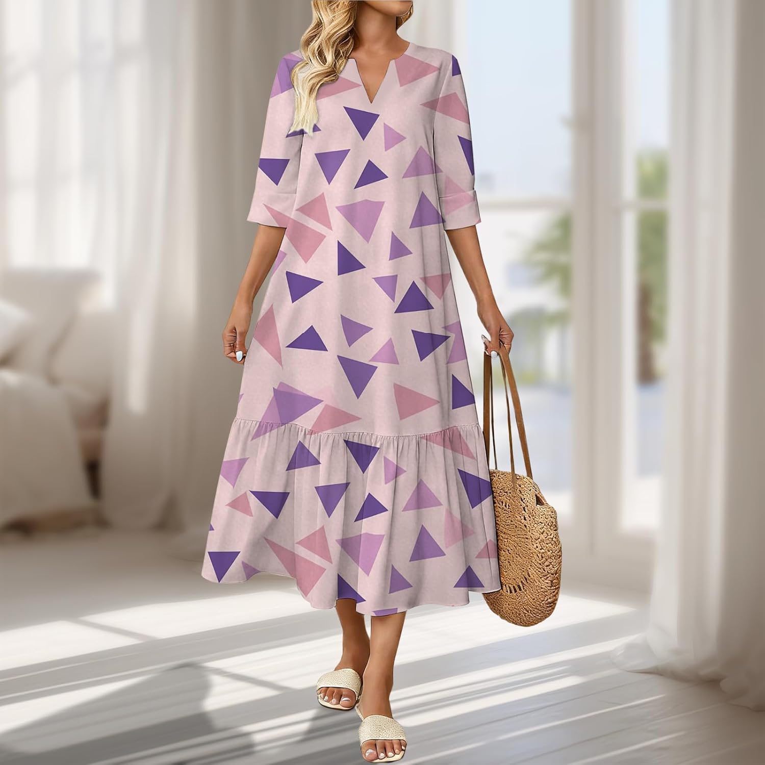 Womens Boho Floral Dress Loose Fit 3/4 Sleeve Flowy Sundress Comfortable Casual Dresses with Ruffle Hem - Image 2