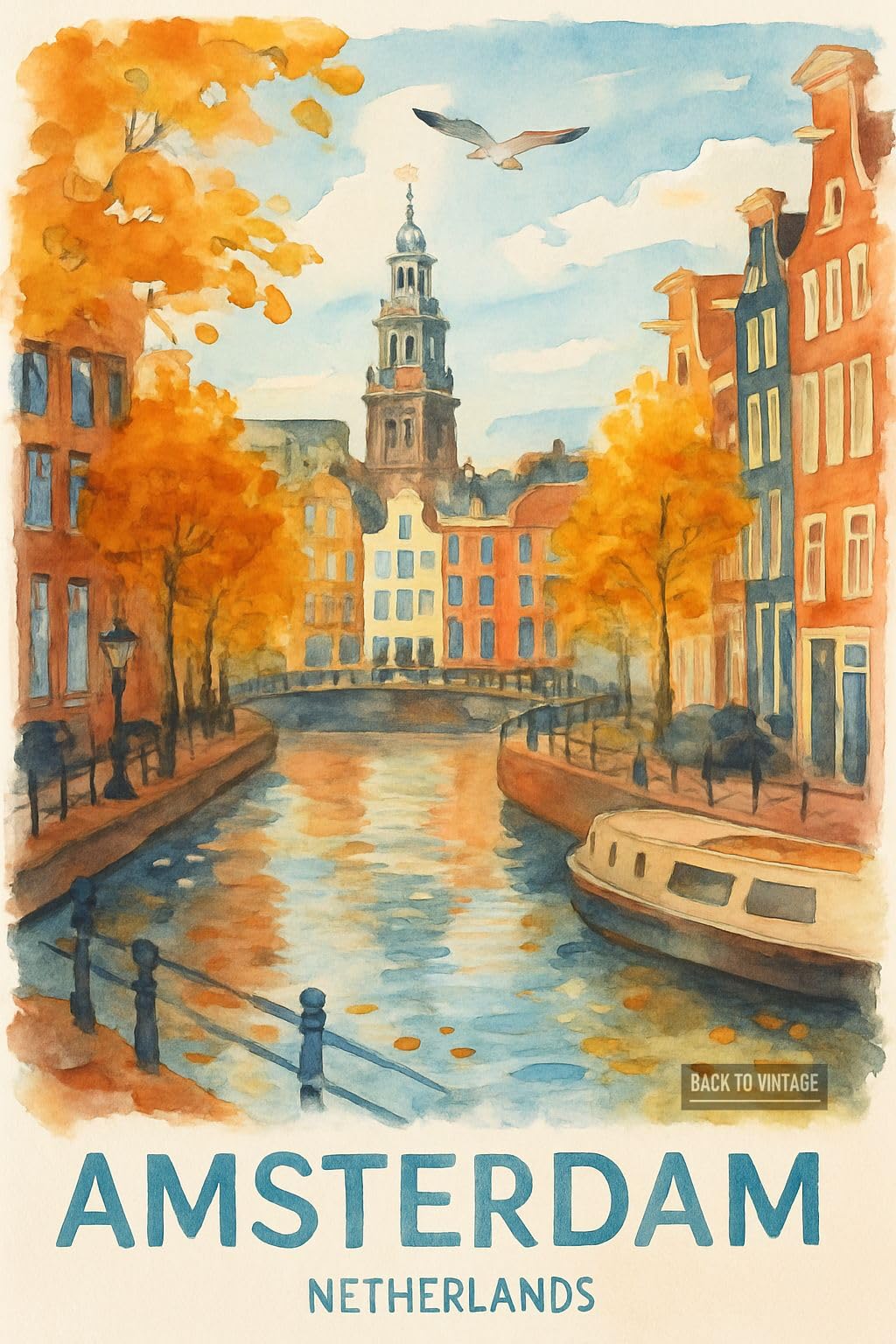 Back To Vintage Multicoloured Amsterdam Canal In Autumn - A4 Travel City Poster Wall Art Home Decor Art Print With Iconic Landmarks And Global Views For Culture Inspired