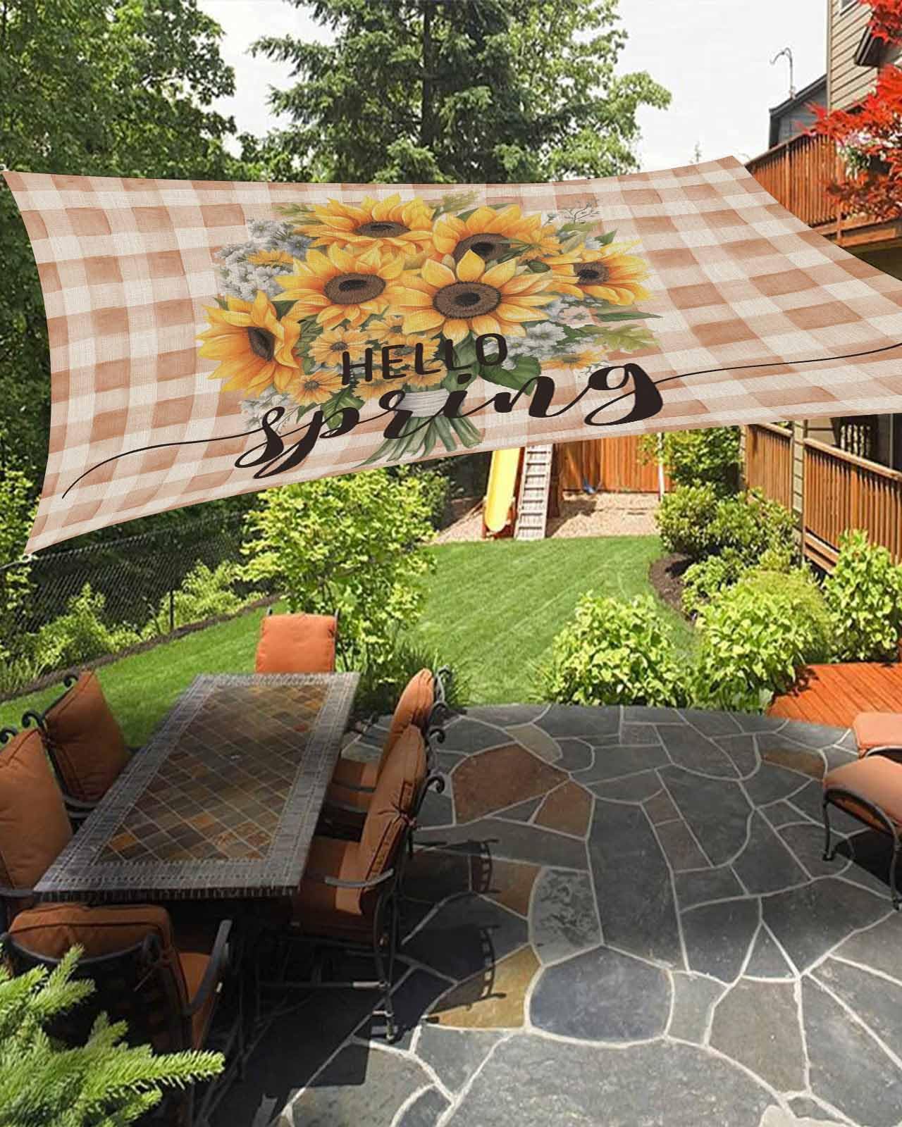 Boanket Sun Shade Sail 14' x 18', Sunflower Large Heavy Duty Outdoor Shades Sun Screen, Brown Plaid Spring Floral Summer Botanical Shade Cloth for Patio Deck Terrace Garden Lawns Beach Backyard