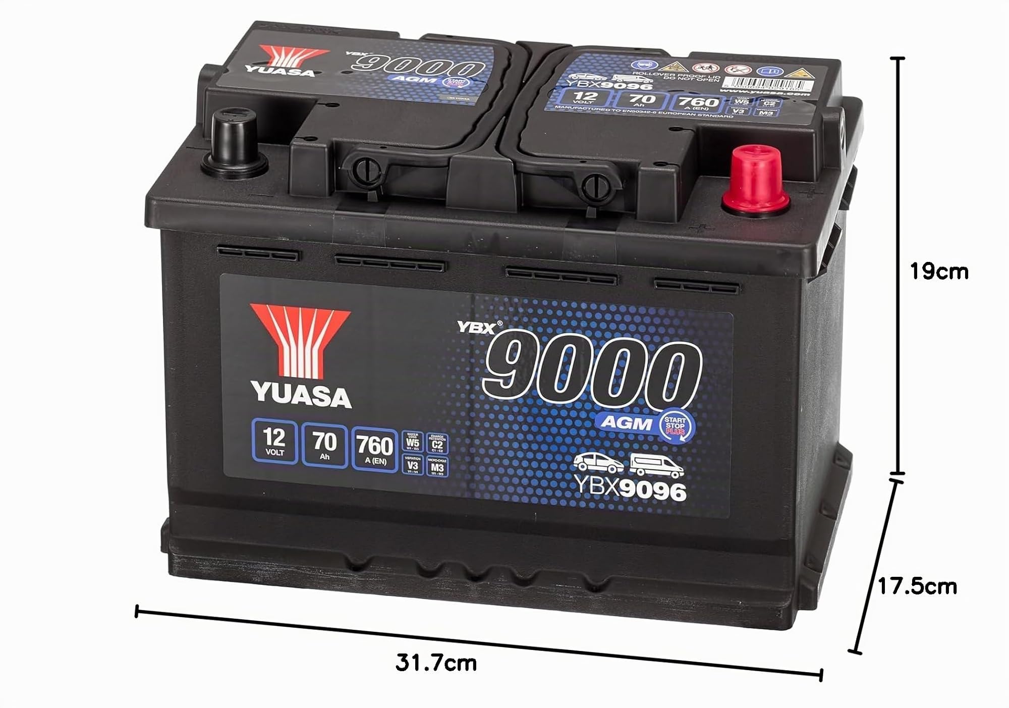 YUASA Batería 70, Ah 760, A/EN YBX9096 L 278mm B 175mm H 190mm Compatible con VW Polo V Hatchback 6R1, 6C1 Golf 7 Hatchback 5G1, BQ1, BE1, BE2, PEUGEOT 208 I Hatchback CA, CC, OPEL Corsa D Hatchback | 760 CCA, Resistente Vibraciones, Optimizada Start-Stop