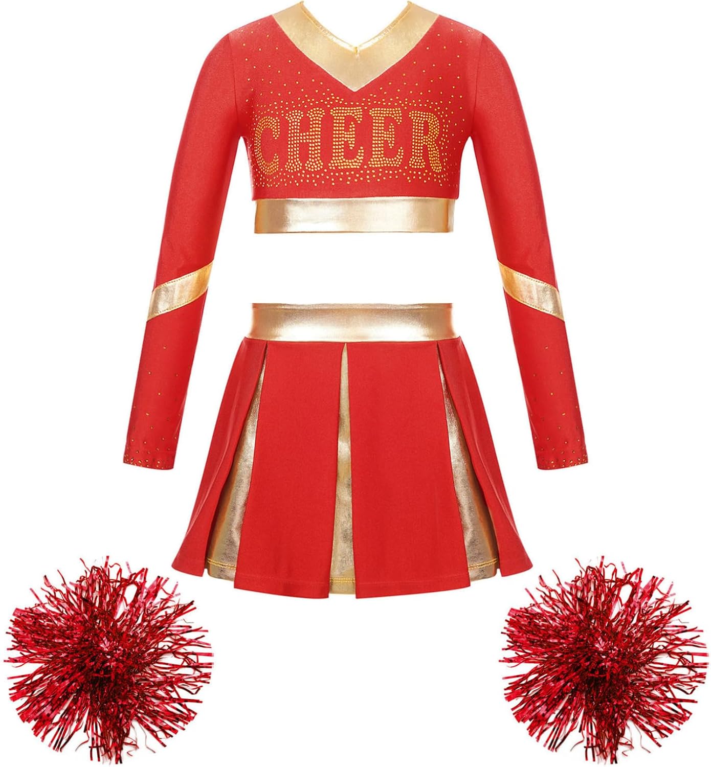 FEESHOW Big Kids Girls Dance Dress High School Crop Top with Pleated Skirt Pom Poms Outfit Costume