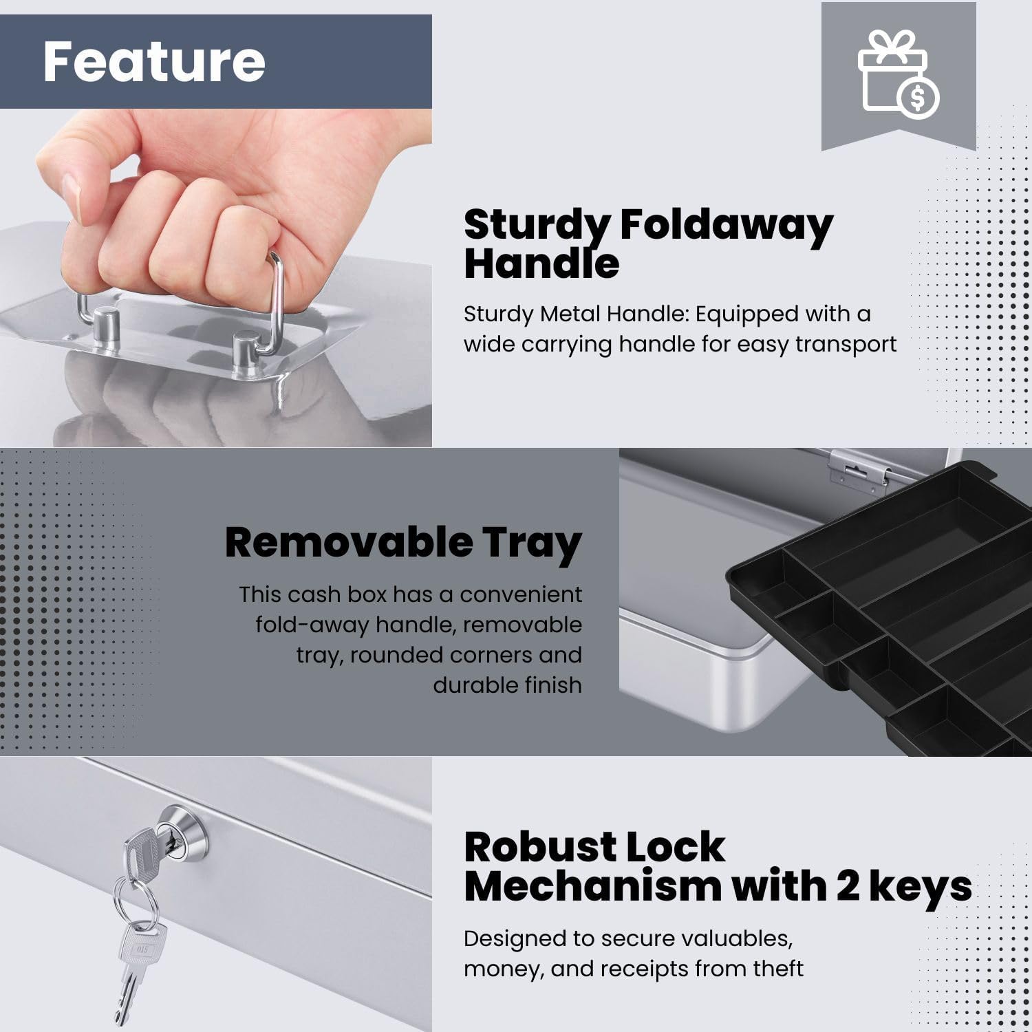 flexzion cash box with money tray and lock - metal cash box for small businesses, 9-compartment silver money box with removable tray and key, portable storage for checks and coins