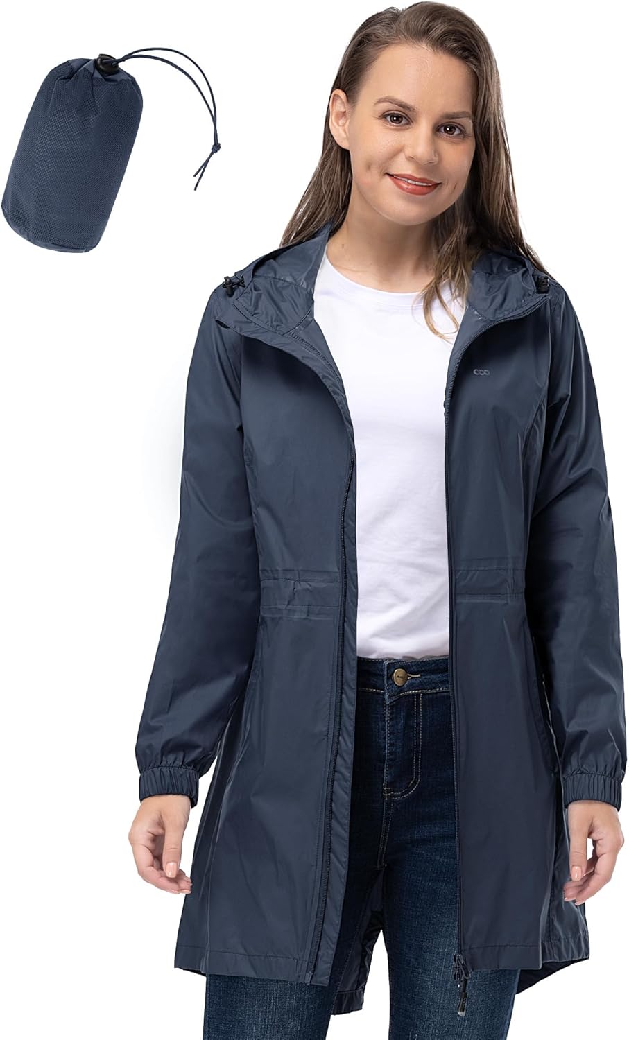 33,000ft Women's Waterproof Long Rain Coats Packable Rain Jacket with Hood Trench Coats Windbreaker