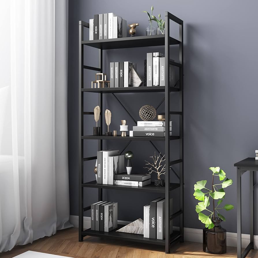 VERMESS 5 Tier Bookshelf, Tall Book Shelf, Vintage Industrial Bookcase Shelf with Open Display Shelves, Wood Storage Shelving Unit Metal Frame