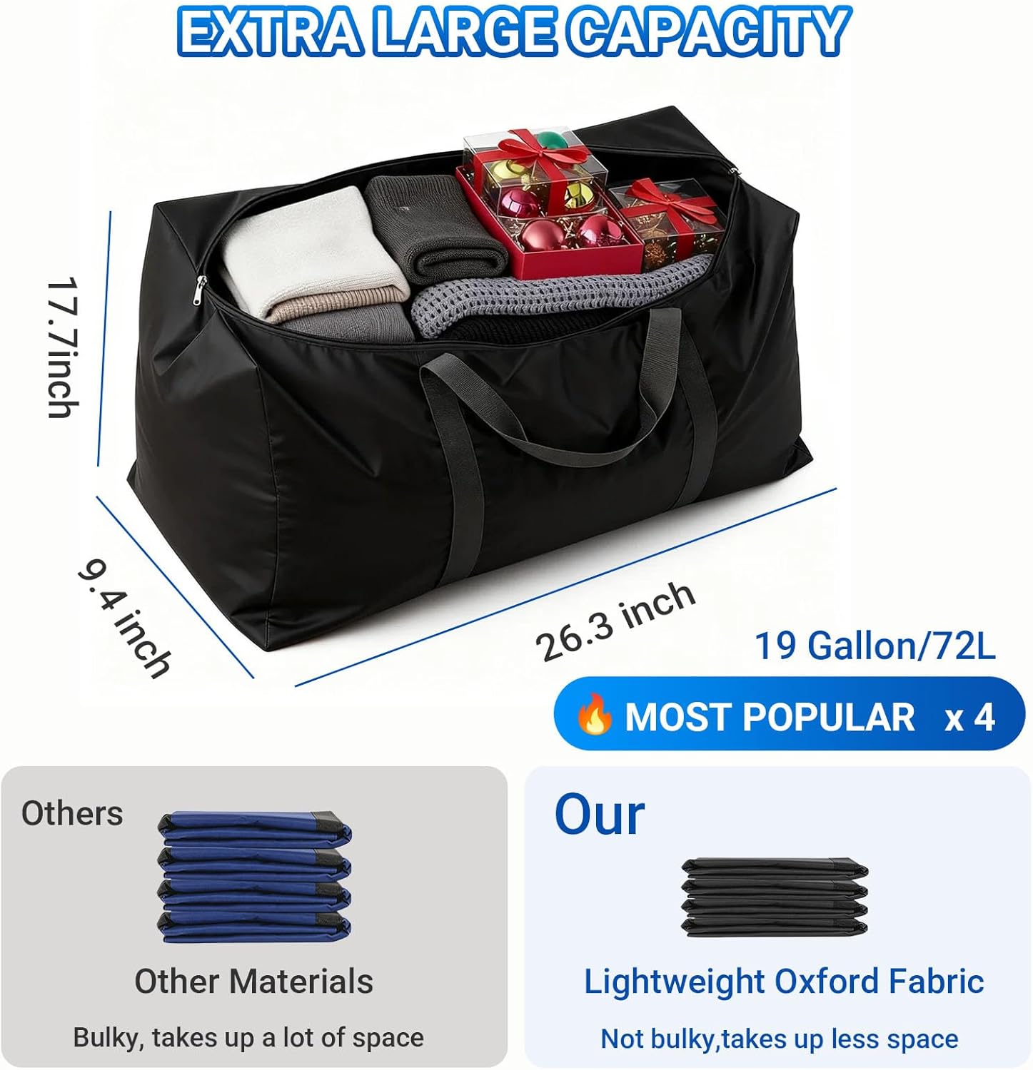 Extra Large Moving Bags, Collapsible Oversized Storage Bags with Strong Zipper, Wrap Around Handles, Moving Storage Bags for Closet Organization/Home/College Dorm, Moving Boxes Alternative (4 Pack)