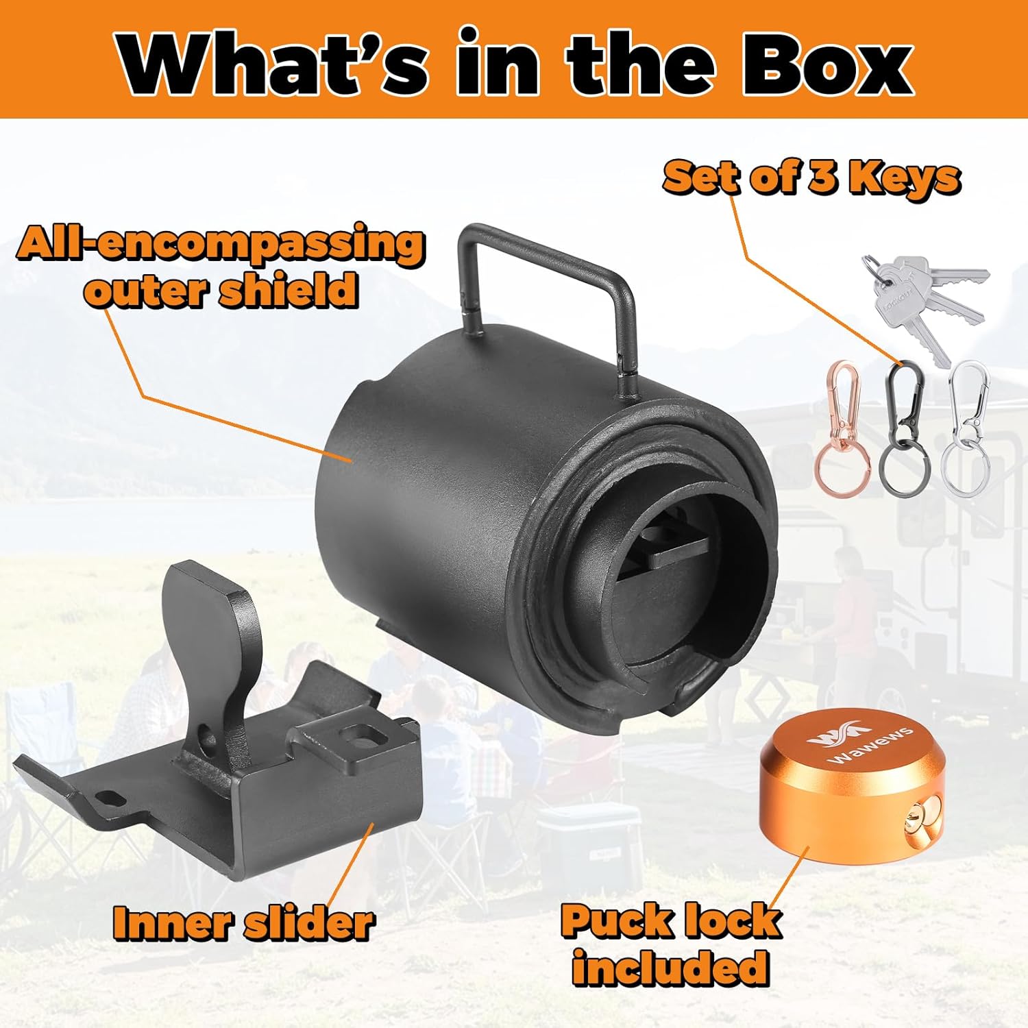 Trailer Lock Fits 2-5/16" Couplers, Heavy Duty Trailer Tongue Lock, Anti-Theft, Anti-Smashing, Secures Safety Chains, Steel Tow Hitch Lock with Handle for RV, Cargo, Camper, Dump Trailer