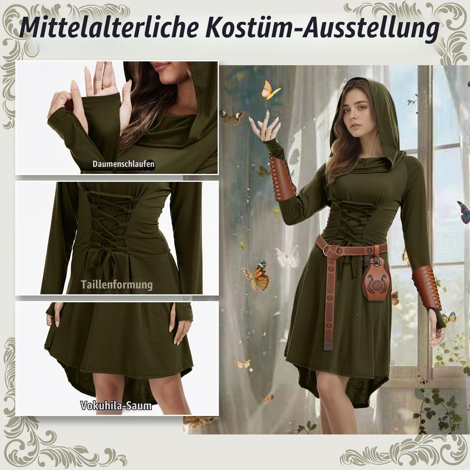 4 Stück Renaissance kostüm für Damen, Gothic Mittelalter Kleidung, Kapuzenkleid mitKorsett für Halloween Partys