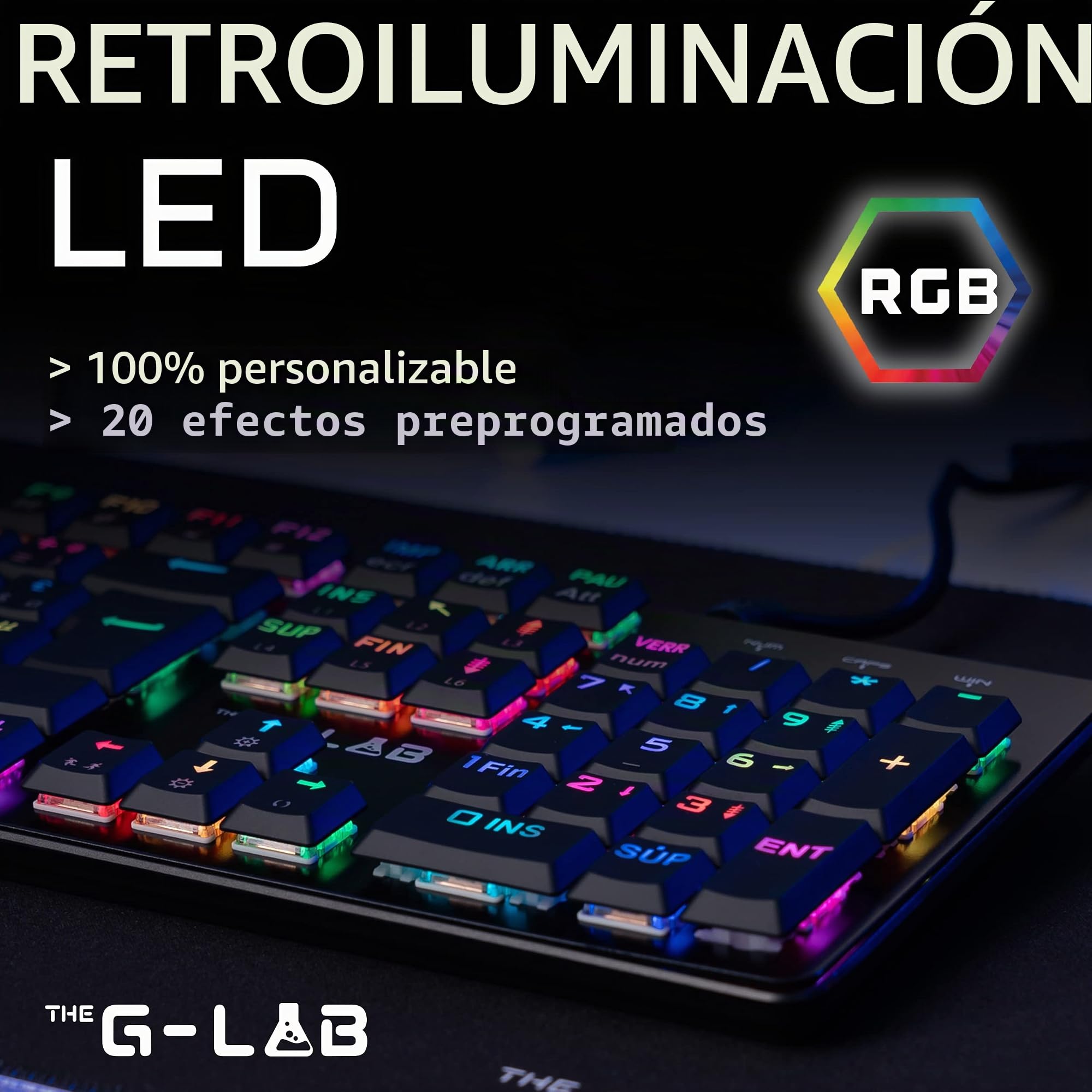 The G-Lab Keyz Platinium Teclado Mecánico Gaming AZERTY FR Red Switch Low Profile - Retroiluminación RGB 100% Personalizable, Anti-ghosting Total - PC/PS4/PS5/Xbox – Negro - Nuevo