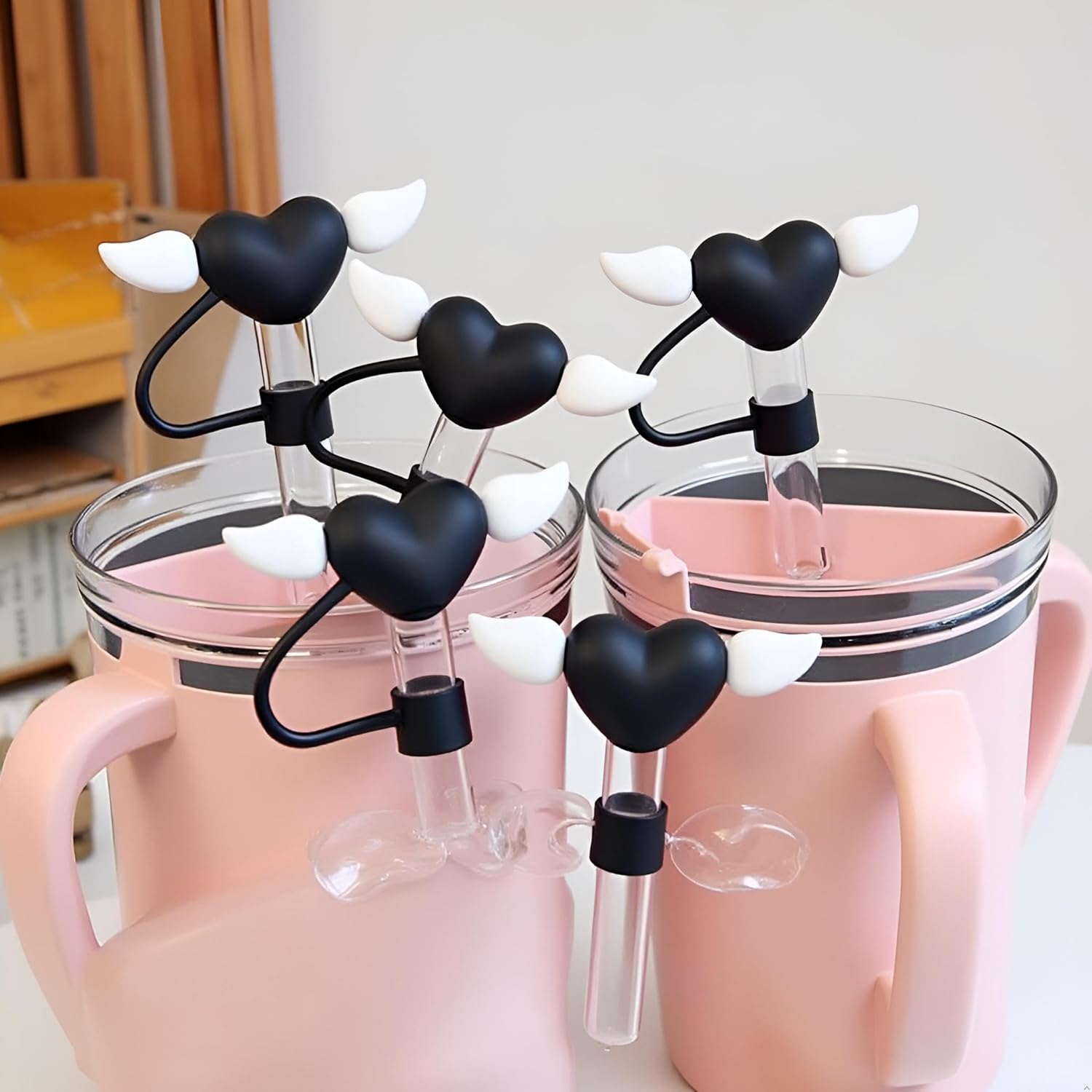 4pcs White Wings Black Heart Straw Cover for Stanley Cup, 10mm Silicone Straw Covers Cap for Stanley Cup Accessories, Cute Straw Topper for Tumblers, Cap Stopper for Reusable Straws Tip Lids - Image 3