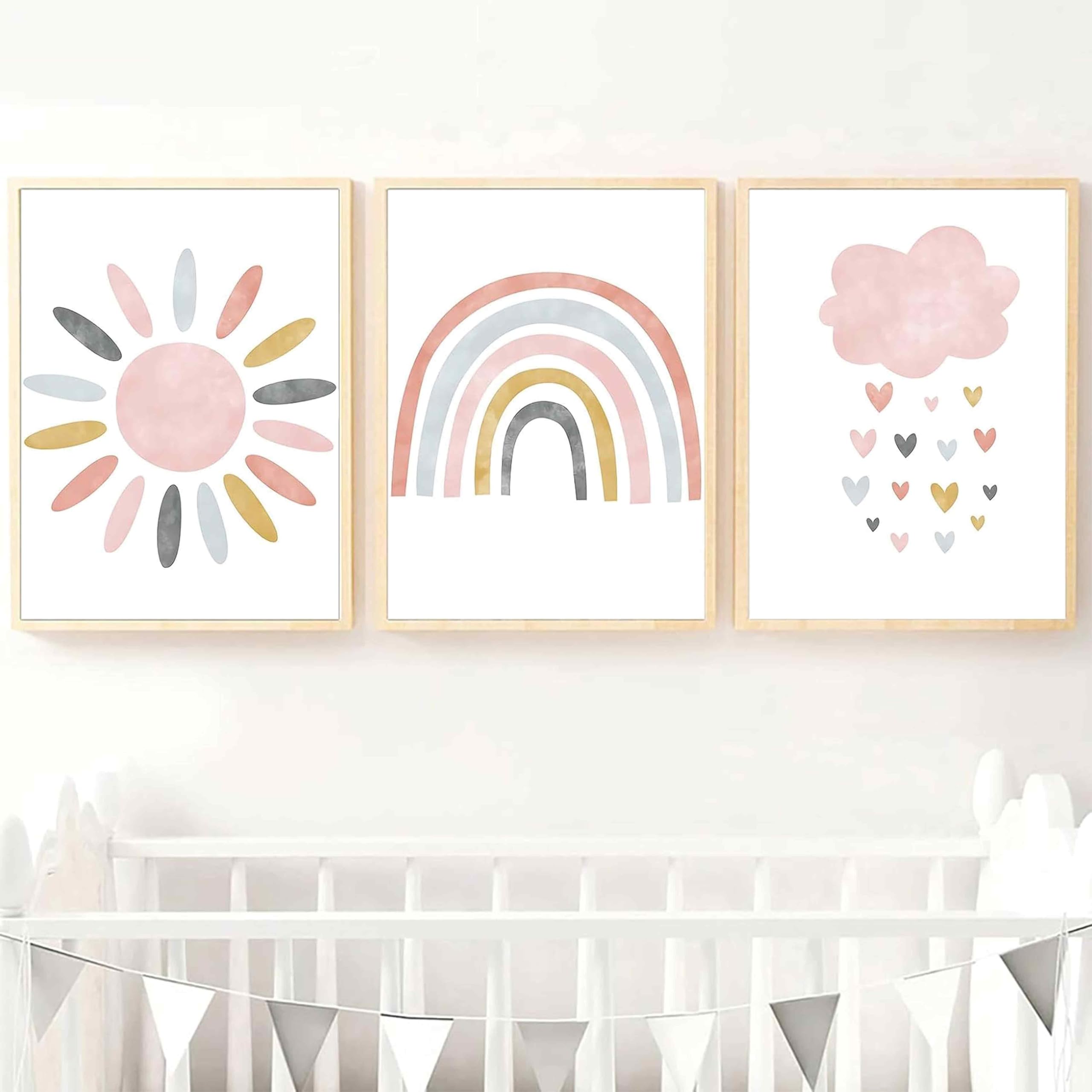 IBXWMNG Juego de 3 pósteres para habitación infantil，decoración de pared，Laminas Decorativas，arcoiris, sol, nubes Cuadros de Niña para Habitación Infantil，A4(sin Marco)