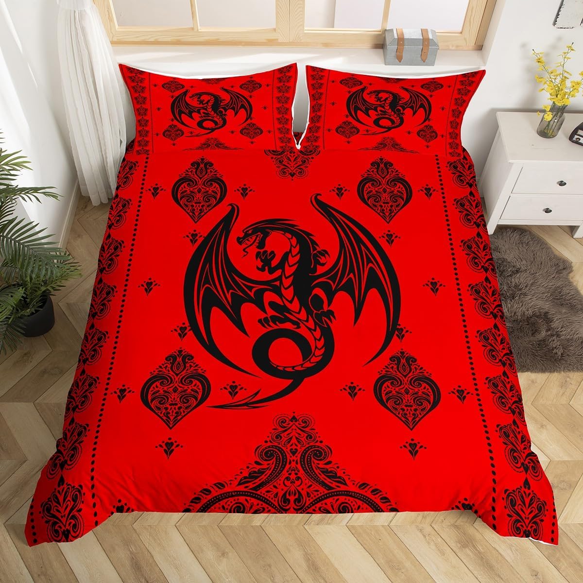 Red Black Dragon Duvet Cover Set, M Size, Vintage Boho Floral Print