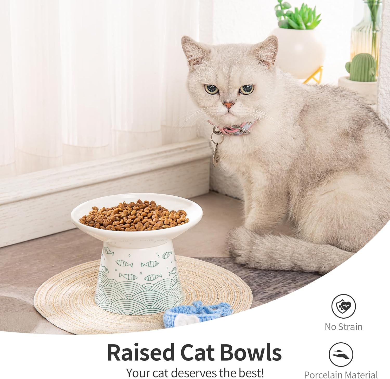 6.25 Inch Extra Wide Raised Cat Food Bowls, Elevated Ceramic Cat Feeding Bowl, Whisker Friendly, Heavy Sturdy Base Pet Feeder Dish for Elder Big Cats, Reduce Vomiting, 2 Pack(Green&Orange)