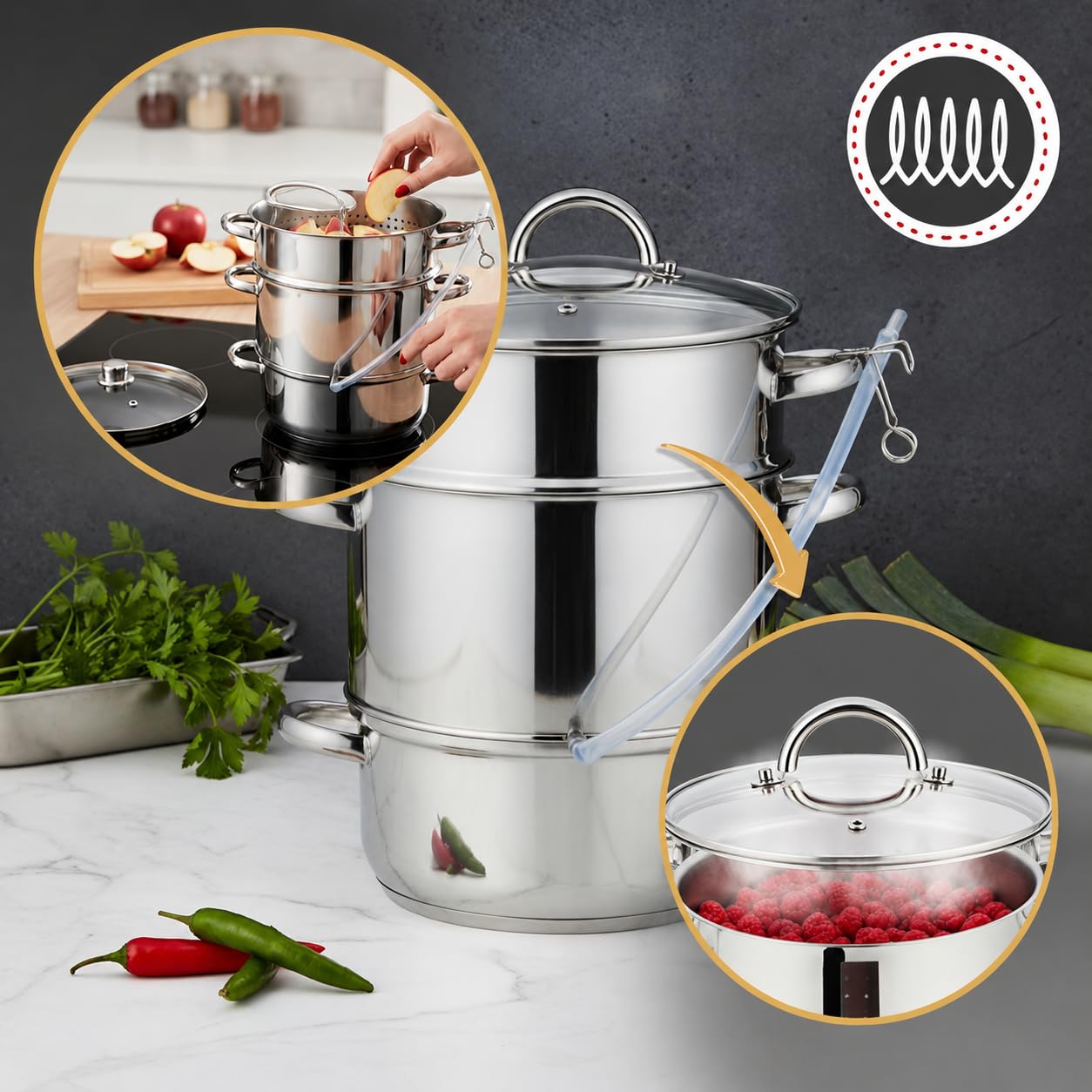 Dampfentsafter aus Edelstahl 8L, Ø26cm| Dampfentsafter, Induktionsdampfentsafter, für alle Herdarten geeignet
