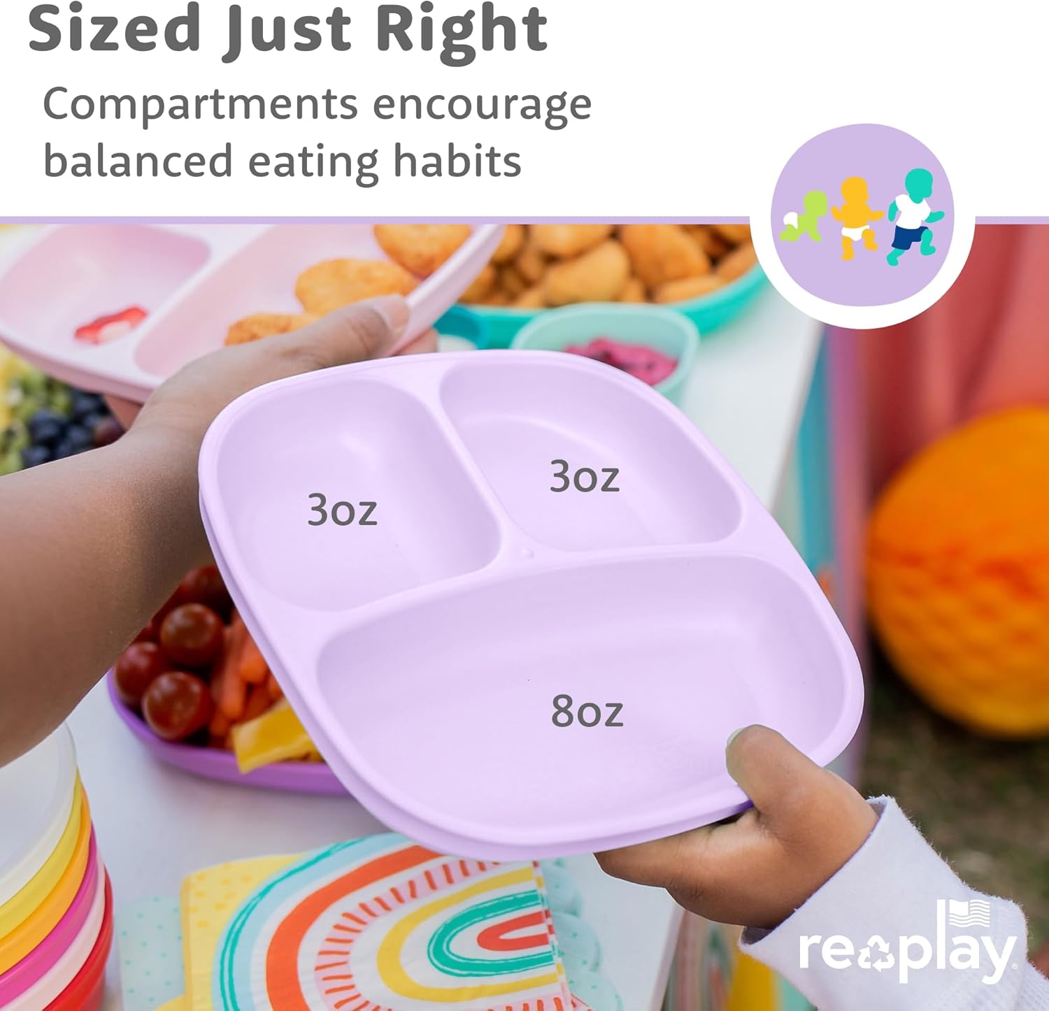 Re-Play Toddler Plates with Dividers - Deep-Walled 3 Compartments Divided Plates for Kids - Dishwasher & Microwave Safe - Made in USA - Set of 3-7.37" x 7.37" x 1.25" - Berry - Image 8