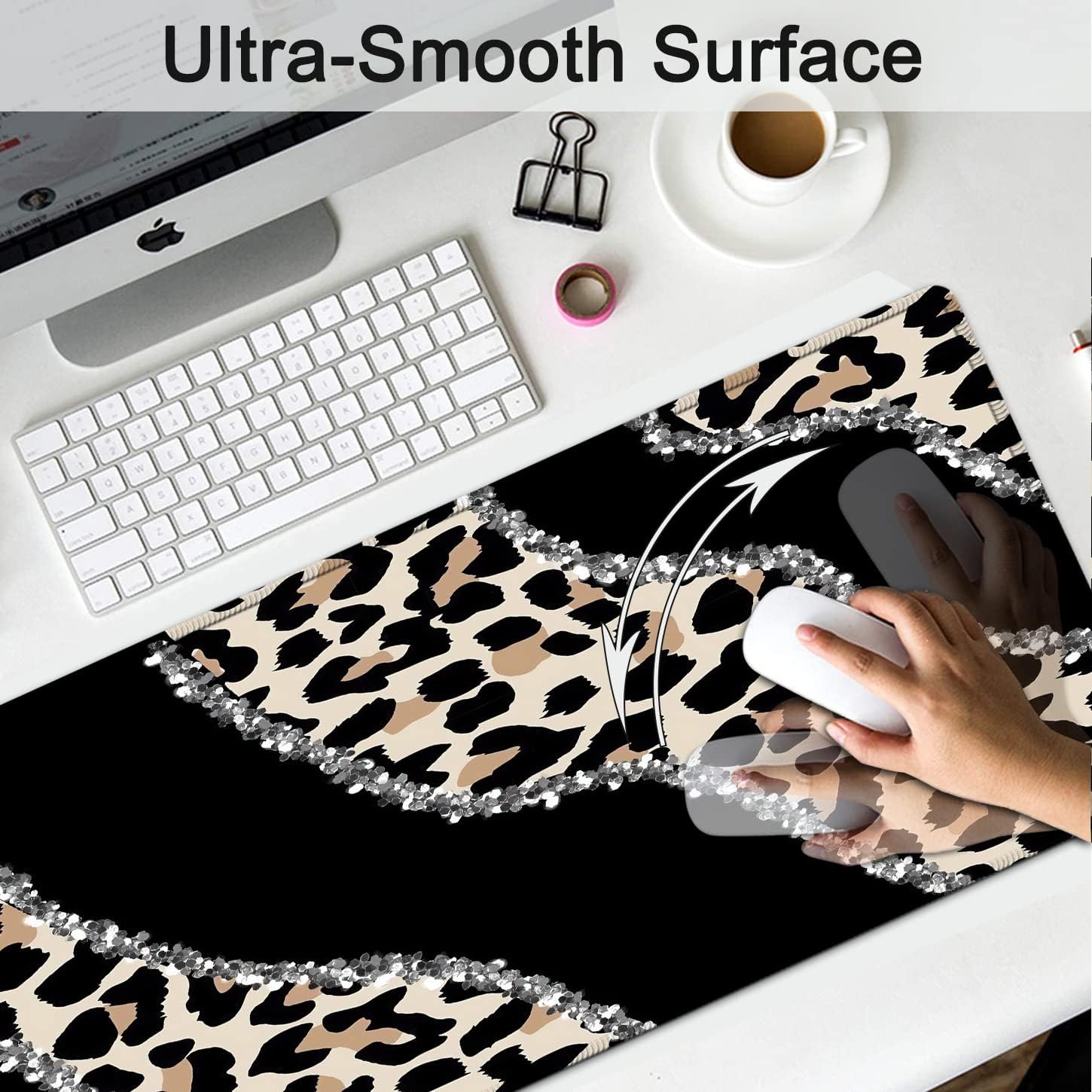 Black Large Gaming Mouse Pad - 31.5x11.8, Ergonomic Memory Foam Wrist Rest Support, Non-Slip Base, Leopard Design