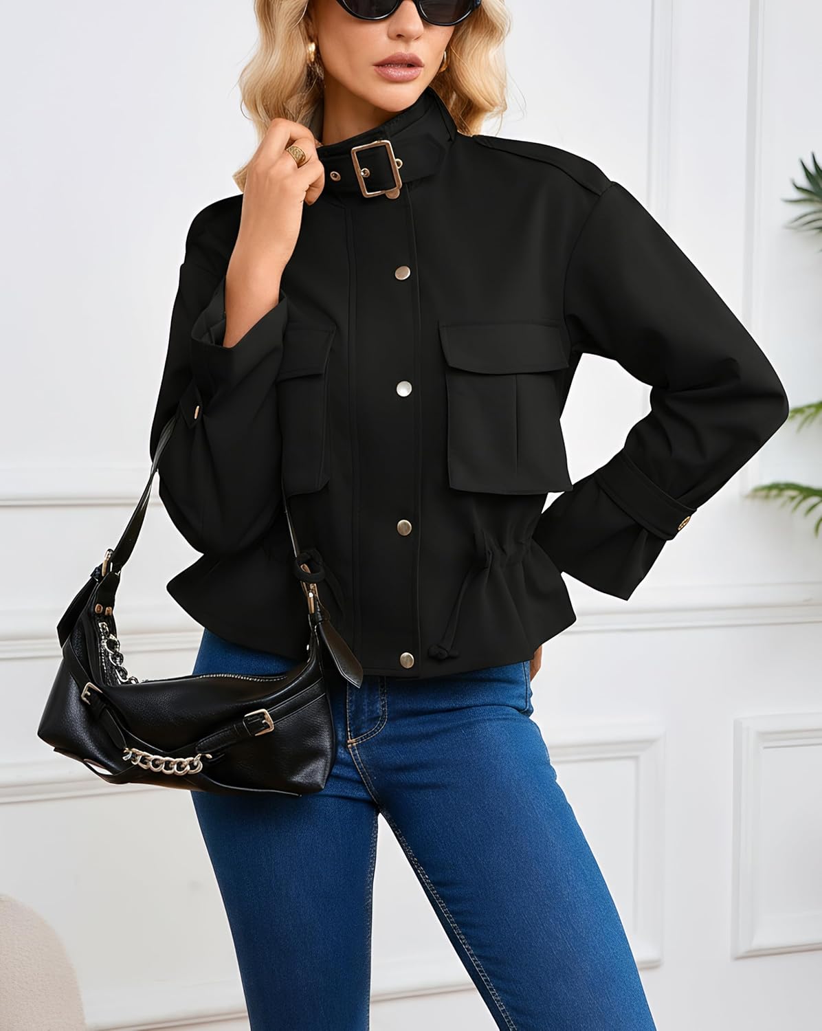 Ladyful Cropped Bomber Jacket Women Trendy Lightweight Long Sleeve Zip Up Short Oversized Utility Anorak Coat - Image 2