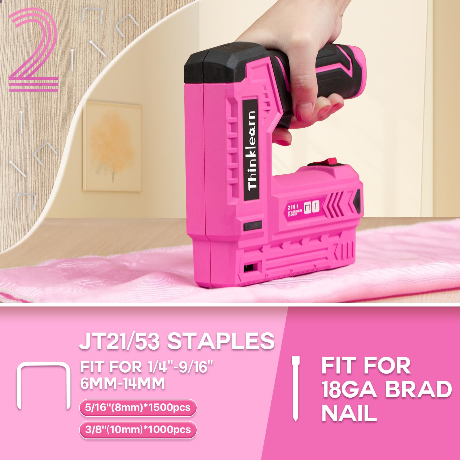 Agrafeuse électrique rose, 7 pièces 2 en 1 sans fil avec 2500 clous d'agrafes, cloueuse 4 V pour tapisserie, bois, menuiserie, artisanat, bricolage, kit de cloueuse Brad avec chargeur USB