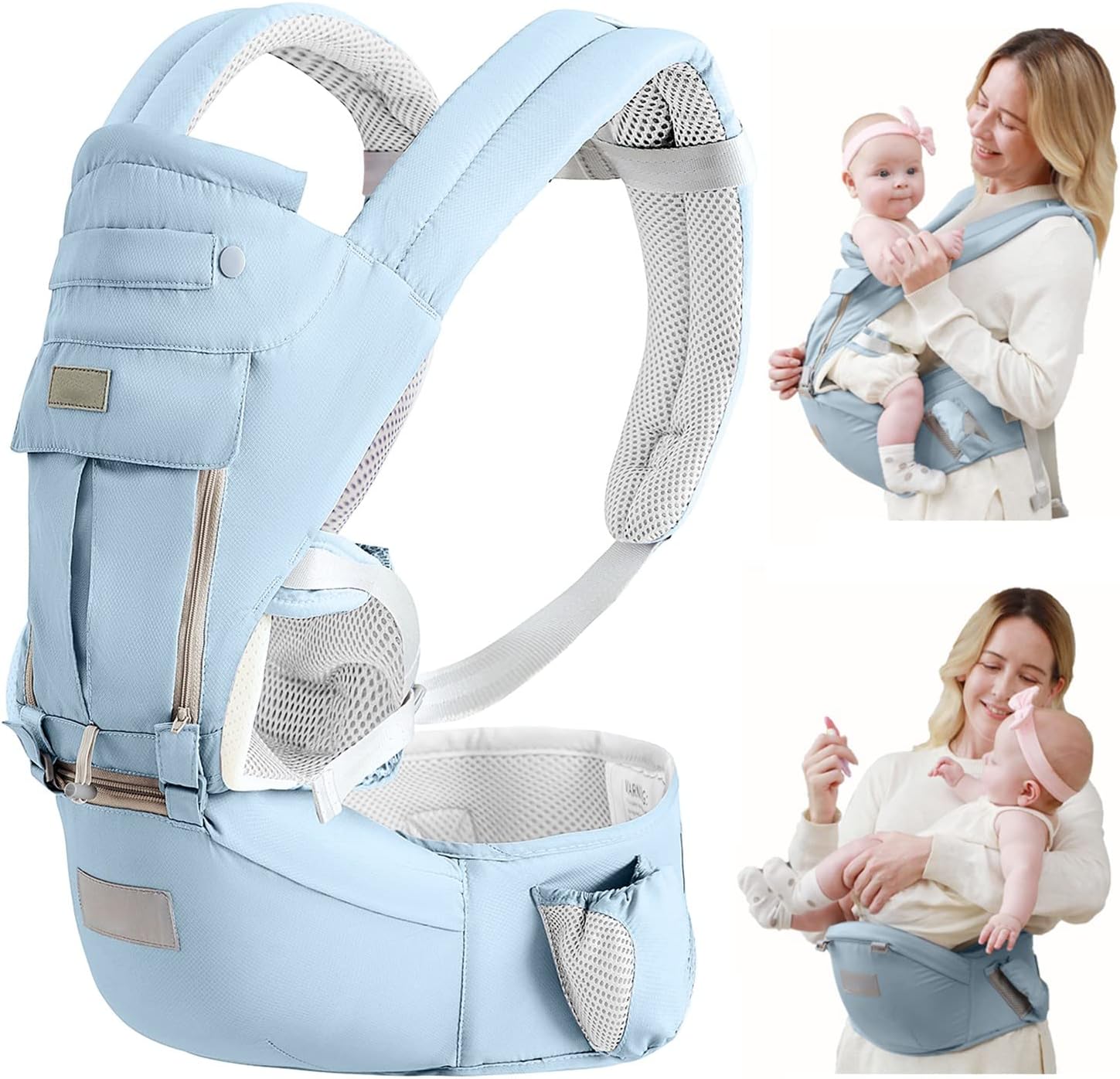 Baby Carrier with Hip Seat, Baby Carrier Newborn to Toddler, Toddler Carrier for 7-66lbs, All Seasons Baby Holder Carrier, All Position.(Blue)