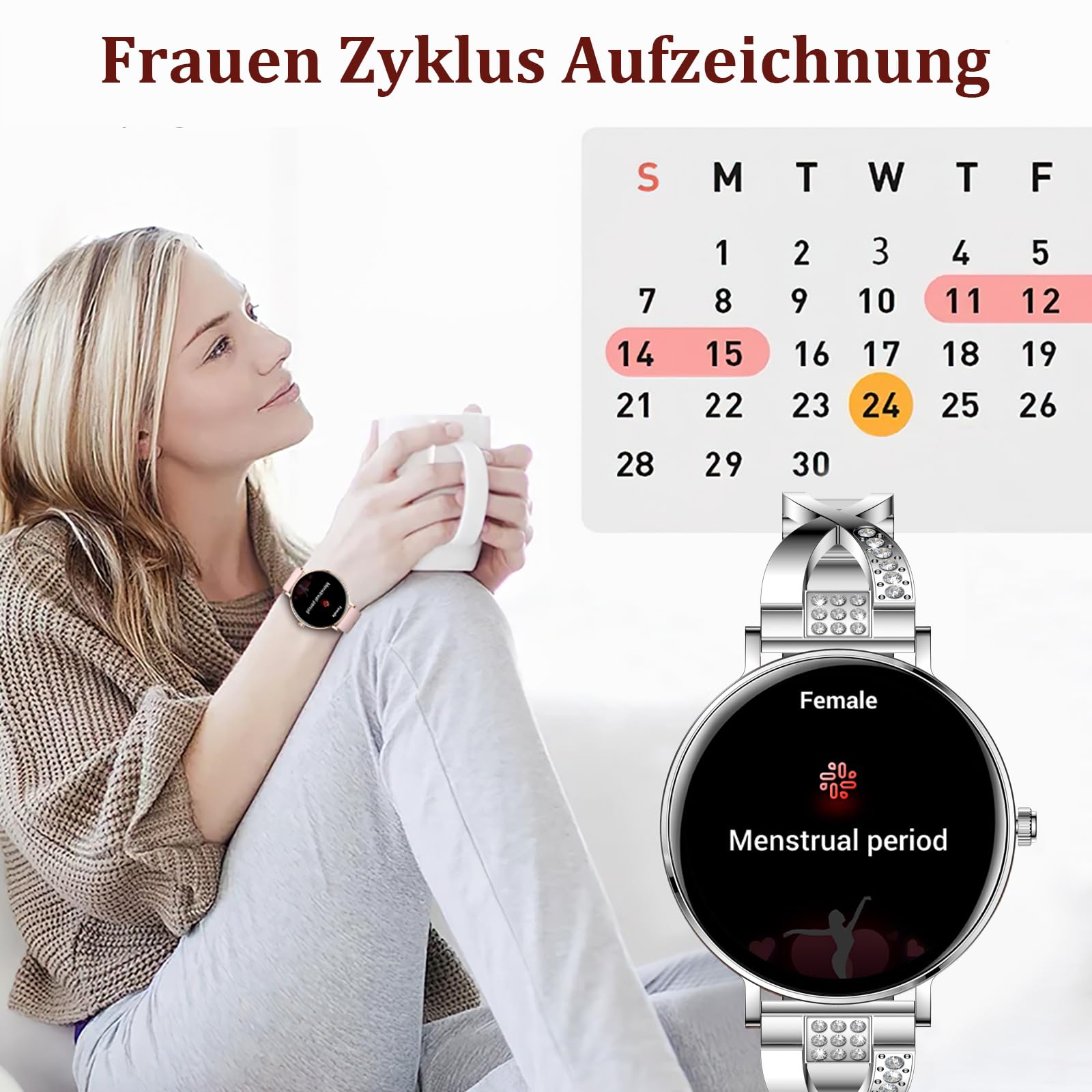 Reloj inteligente para mujer de 1,32 pulgadas, AMOLED, reloj inteligente, redondo, 7,5 mm, pantalla fina, reloj de pulsera de fitness, reloj con función de teléfono, pulsómetro, presión arterial