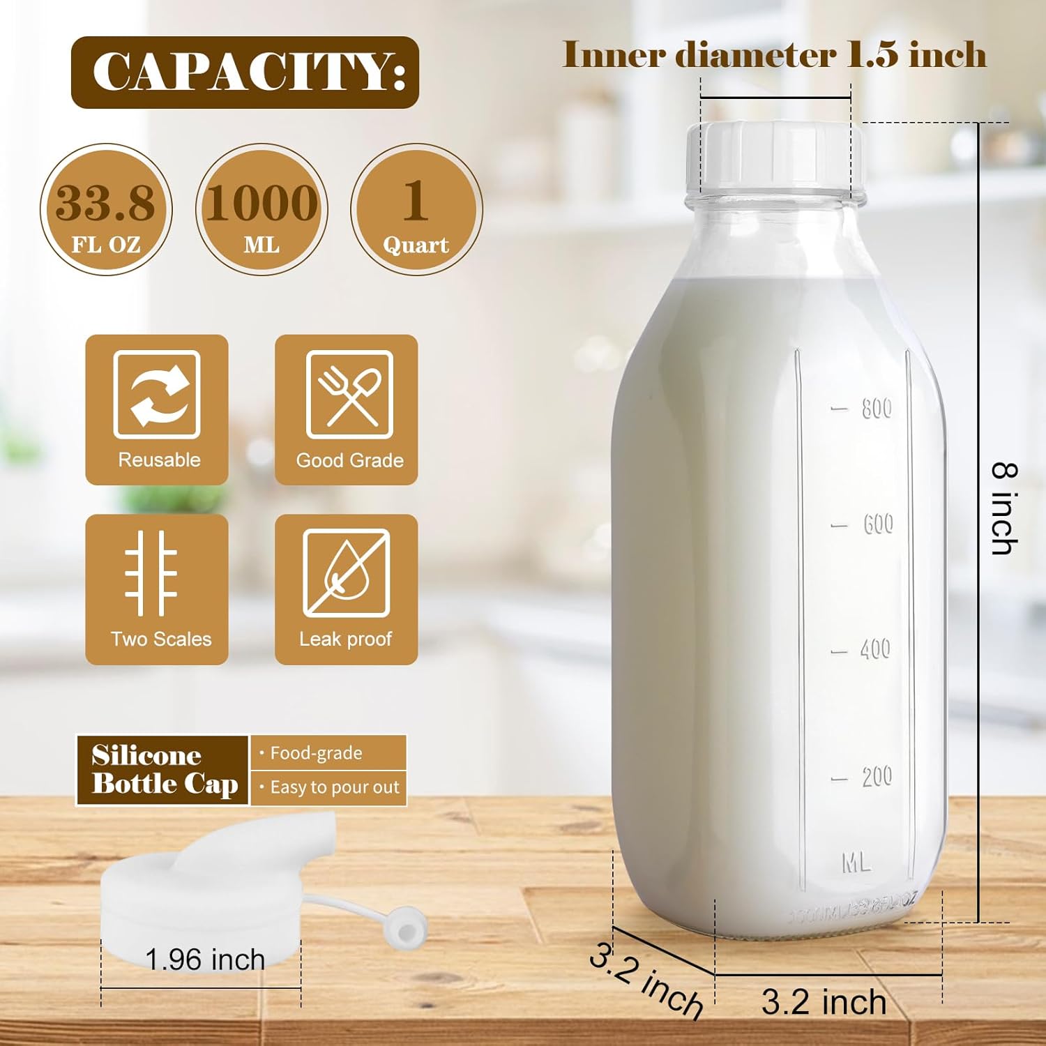 4 Pack 32 Oz Glass Milk Bottles with Nut Milk Bag & 2 Pour Spout & 2 Airtight Lids & Brush- 1Qt Scale Mark Drinking Jars Reusable Container for Milk, Juice, Water, Coffee for Refrigerator - Image 3