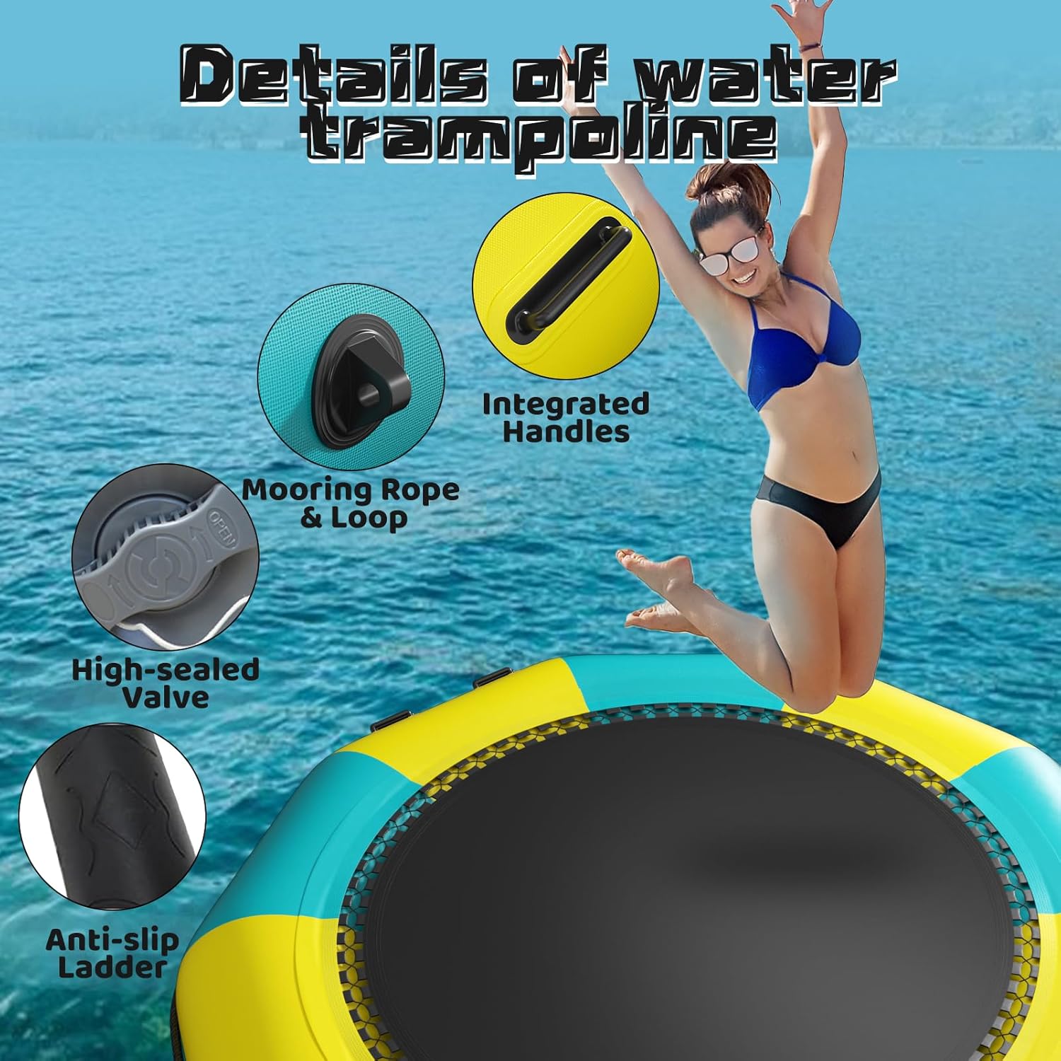 10Ft 12Ft 15Ft Inflatable Water Trampoline, Recreational Bouncer, Portable Bounce Swim Platform with 4-Step Ladder, Kids Adults Trampoline for Pool, Lake Water Sports