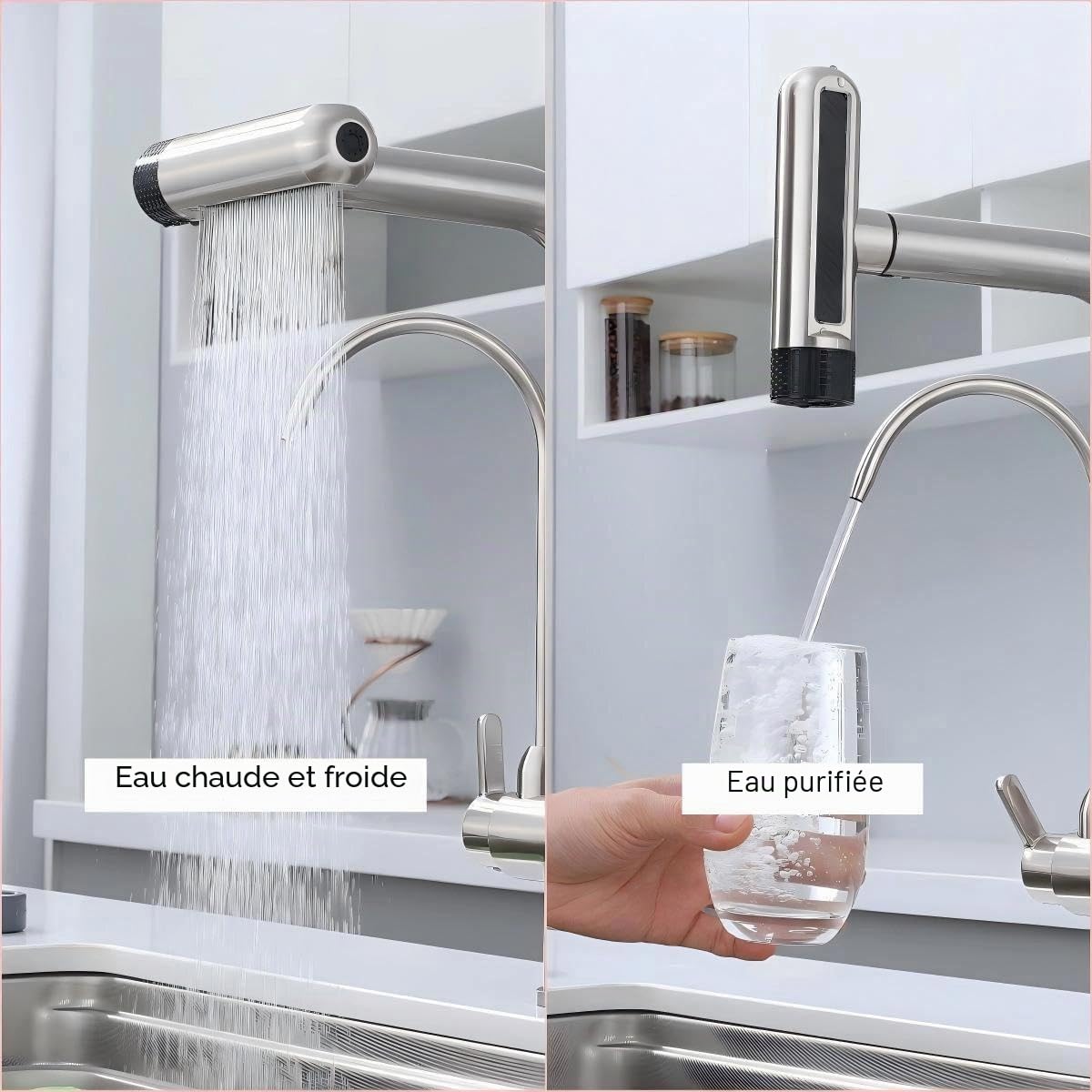 Robinet 3 Voies Brossé avec Douchette Extractible et Sortie Eau Filtrée, Mitigeur 3 Voies Cuisine 360°, 4 Modes, Corps en Laiton, 2 Leviers, Compatible Filtre Sous Évier/RO/Osmose