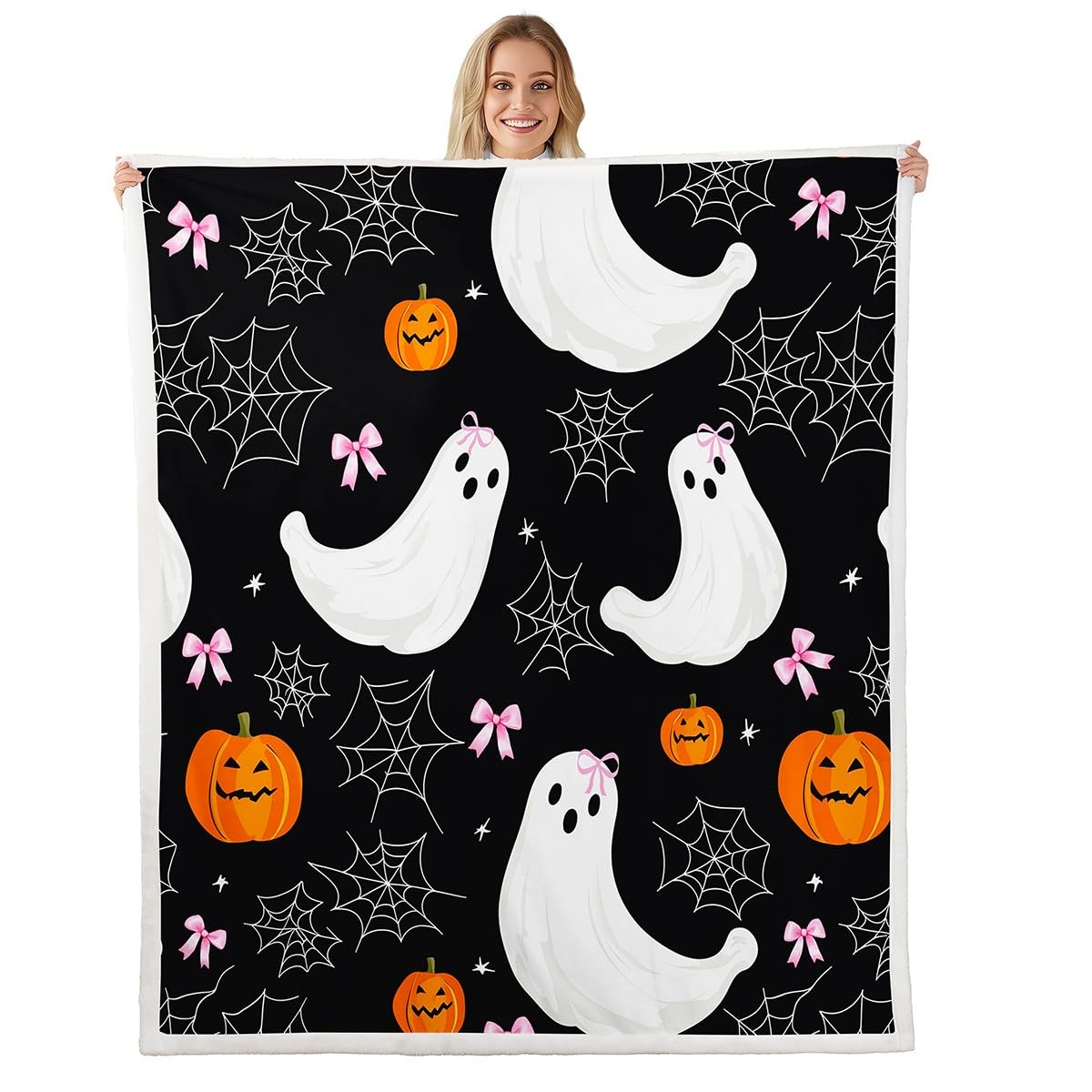 Homewish Pajęczyna szerpa koc duch kokarda puszysty pluszowy narzuta kokarda dynia Halloween kawaii kreskówka festiwal polarowy koc - czarny różowy dziewczyny ciepła miękka pościel dekoracja na łóżko
