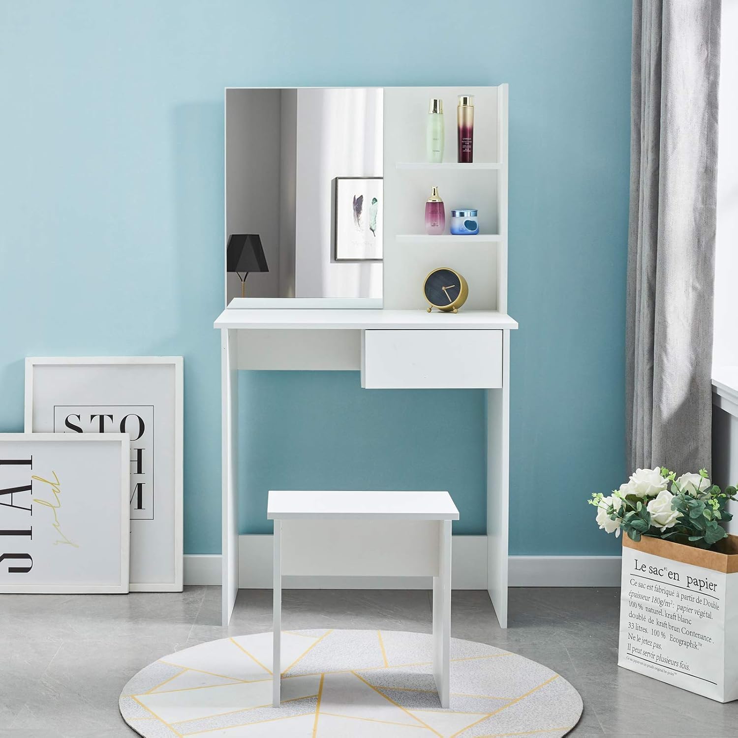 CLIPOP Set Tavolo Da Trucco Angolare Con 5 Cassetti, 3 Specchi E Sgabello Imbottito, Bianco, Per Camera Da Letto
