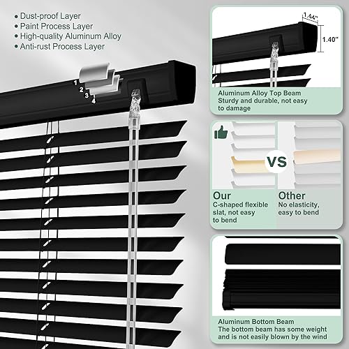 Miniatura 3 de Sulugood Persianas horizontales de aluminio de 1 pulgada sin cordón para oscurecer la habitación, persianas venecianas para el hogar, oficina, baño,