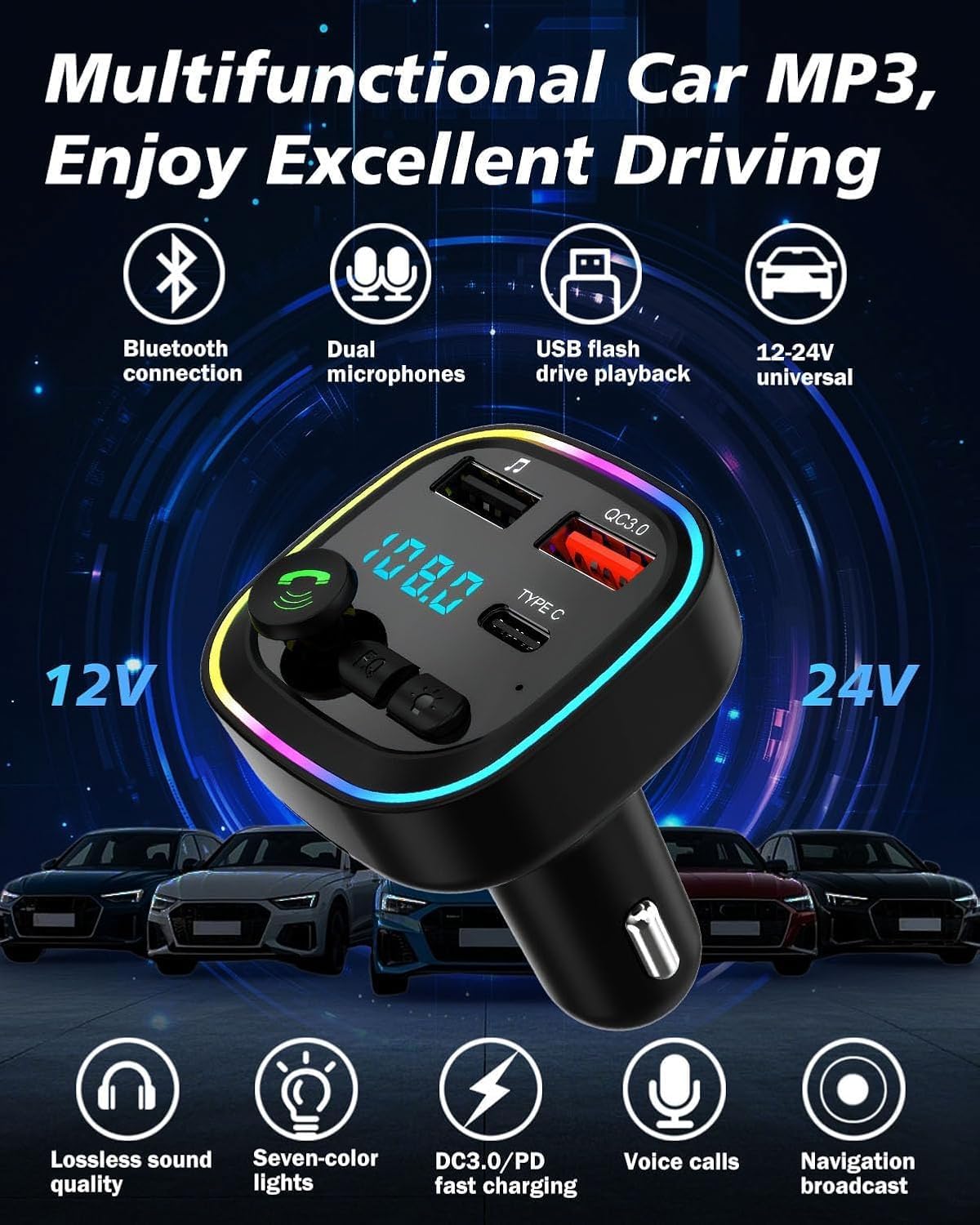 Car Bluetooth Transmitter,5.3 FM Bluetooth Car Adapter,PD 20W & QC 3.0 Fast Charging,FM Bluetooth Transmitter Dual Usb+1 Type-C,Hands Free Calling FM Transmitter Bluetooth,Supports USB/TF/SD — view 2
